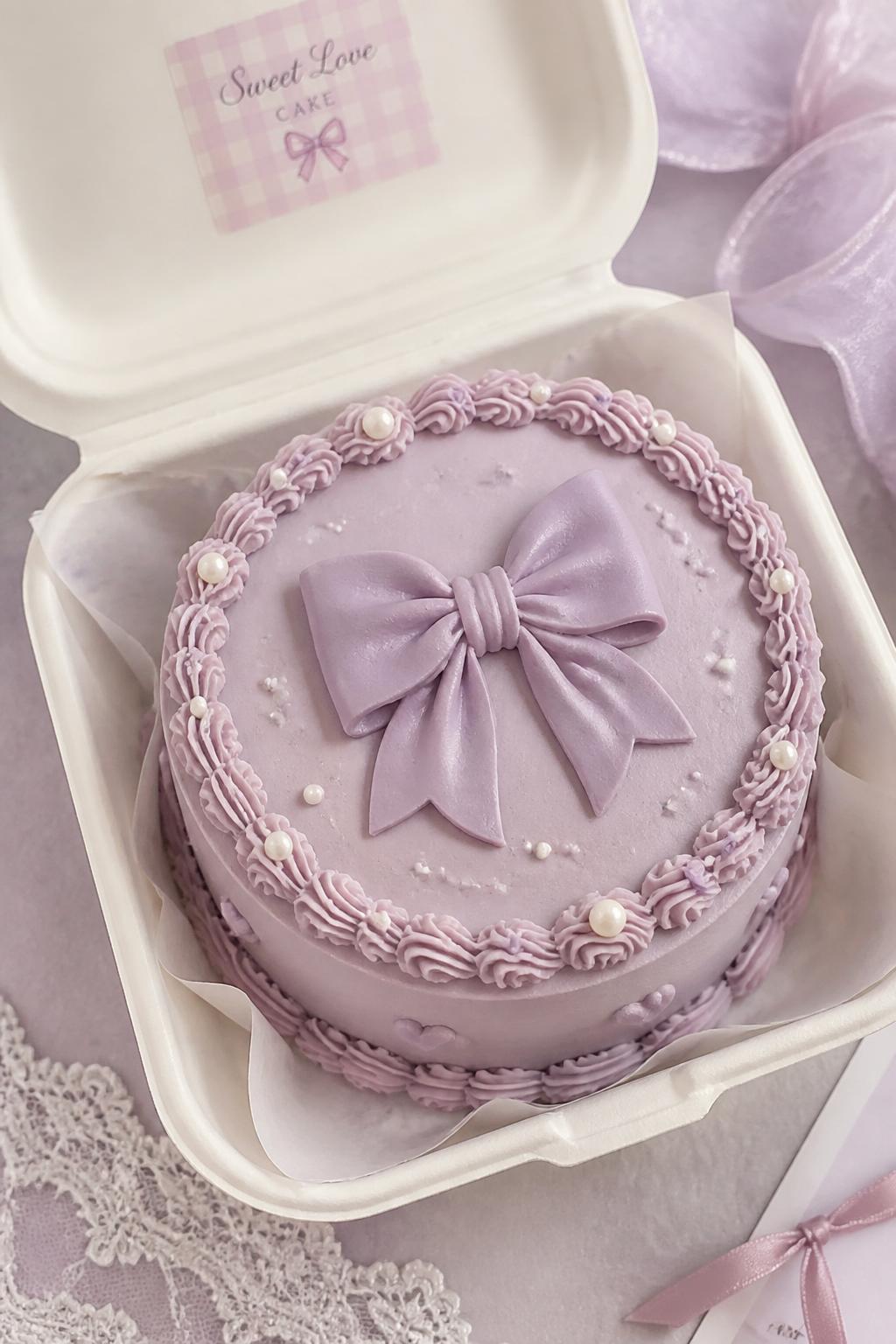 Image Prompt:
A cute purple bow bento cake inside an open white bento box, pale lavender frosting, central buttercream bow design, tiny pearl sprinkles, delicate piped border, sweet coquette bakery styling, soft pastel backdrop, realistic DSLR dessert photography, no people, no hands, no faces, (no watermarks on images)