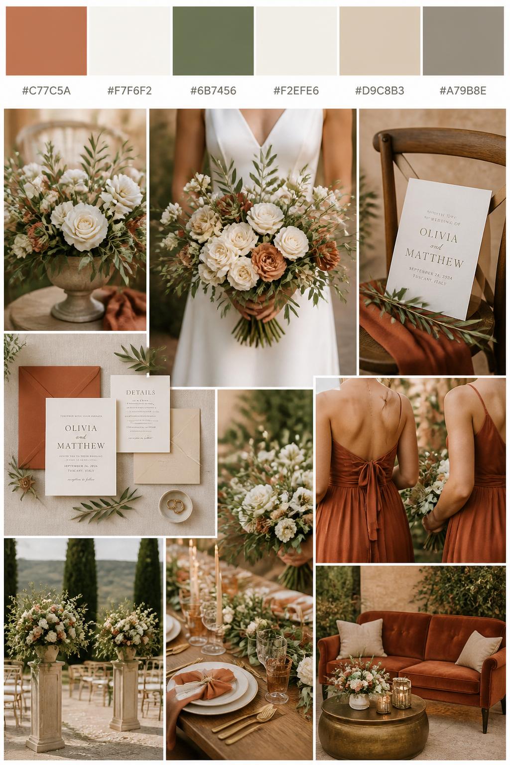 A realistic vertical wedding mood board with a top palette strip showing hex codes in soft terracotta, warm white, olive green, ivory, sand beige, and muted taupe. Below the swatches, show a romantic collage of warm white florals, olive greenery, terracotta details, invitation styling, a bouquet held in front of the body with no face visible, cropped bridesmaid dress details, and warm decor scenes. Use varied no-face compositions such as side views, back views, hand-held bouquet close-ups, and no-people tablescape shots. DSLR realism, Pinterest-style collage layout, 9:16 vertical format. (no watermarks on images)