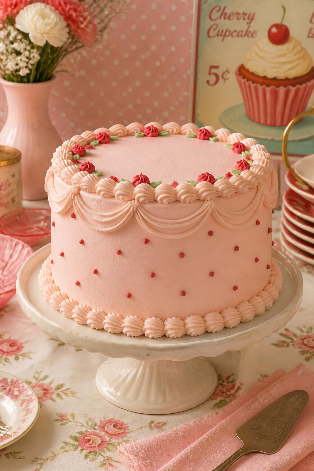 Detailed Image Prompt:
A cute vintage-inspired cake with a pale pink buttercream base, small red polka dots, piped shell borders, scalloped trims, and tiny rosettes on top, displayed on a retro-style dessert table with soft pastel party decor, realistic DSLR cake photography, no people, no watermarks on images.