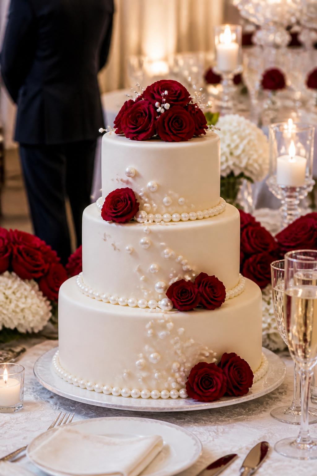 Image Prompt: Ultra-realistic wedding party scene featuring a pearl wedding cake with smooth white or ivory tiers, delicate pearl borders and pearl clusters, fresh red roses, and a soft bridal finish. Place the cake on an elegant reception cake table with candles, white and red floral centerpieces, crystal glassware, champagne flutes, fine linens, and a softly blurred wedding venue background. Keep the cake front and center. No visible faces. If people appear, show only hands, back views, side views in blur, or cropped neck-down figures. Realistic pearl shine, red rose petals, smooth icing texture, soft romantic DSLR lighting. (no watermarks on images)