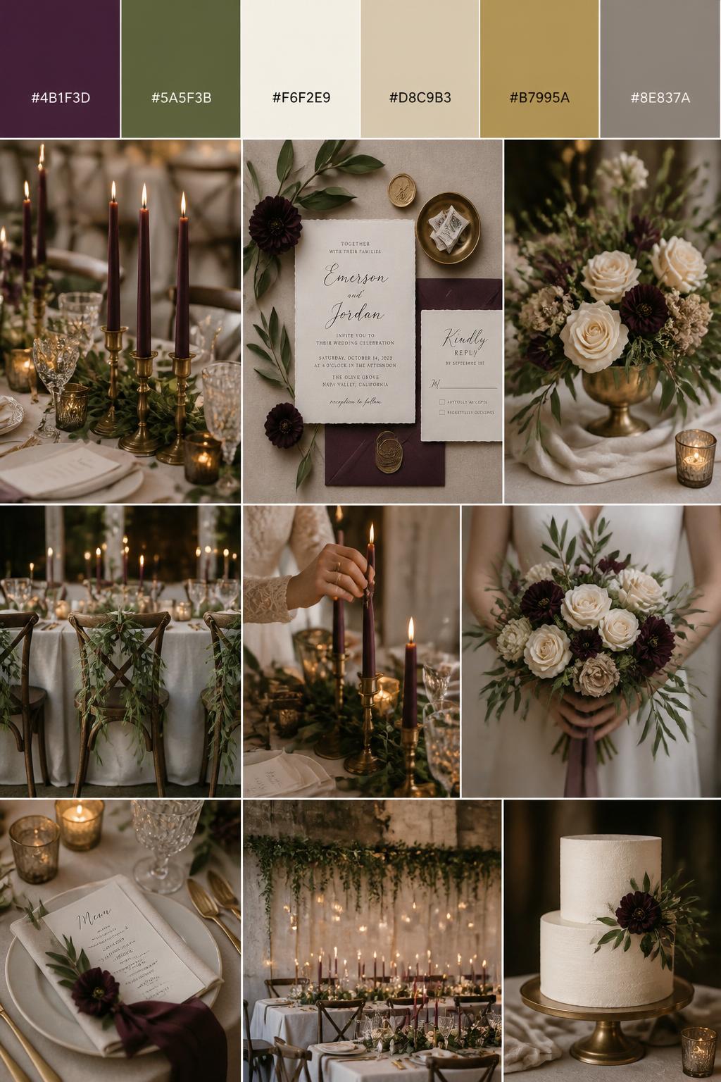 Image Prompt:
A realistic wedding palette mood board in a polished Pinterest collage layout. Include a top strip of color swatches with hex codes in plum, olive green, ivory, warm beige, brass, and soft taupe. Below, show a romantic collage with plum taper candles, olive greenery garlands, ivory table linens, brass candle holders, cream flowers, invitation flat lays, hands placing candles on a table, bouquet close-ups, and softly lit no-people reception decor. Keep variety in the compositions with no full faces, using hands-only images, back views, and no-people styling scenes. The mood should feel moody, elegant, and romantic with real DSLR photo quality. 9:16 vertical format. (no watermarks on images)