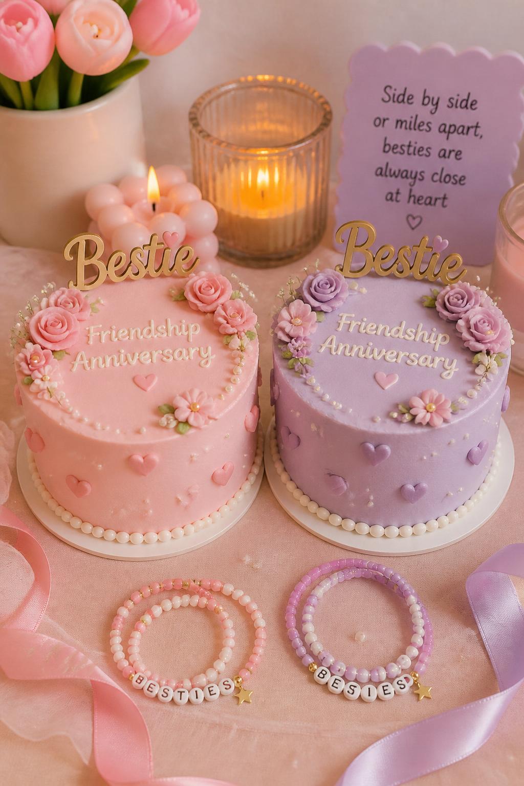 Image Prompt: A cute friendship anniversary dessert set with two matching mini cakes, one in blush pink and one in lavender, decorated with tiny hearts, pearl borders, soft buttercream flowers, and small “Bestie” toppers. Style them side by side on a pastel dessert table with candles, ribbons, and friendship bracelets. Make it realistic, playful, and pretty, no people, no faces, no watermark. (no watermarks on images)
