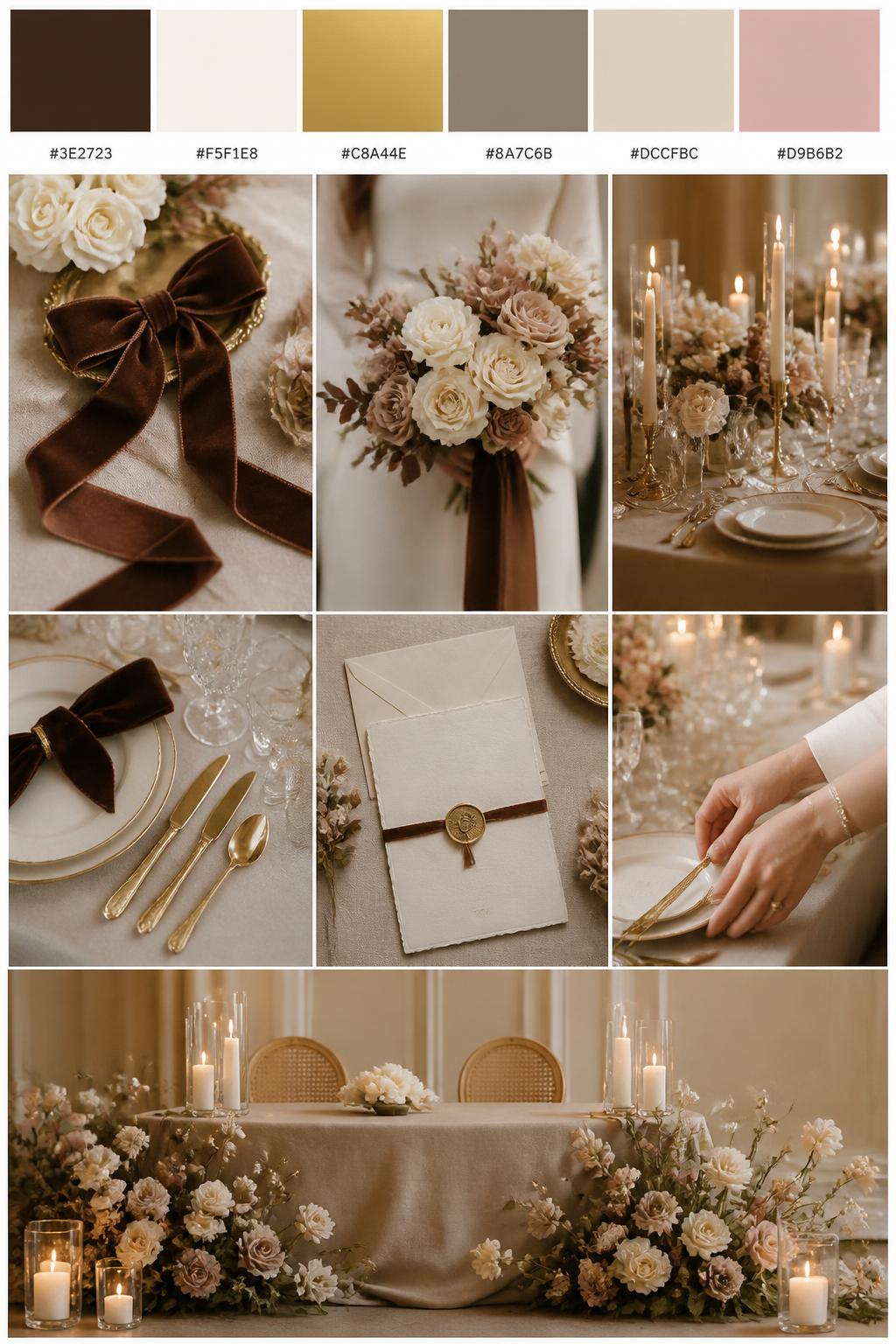 A realistic elegant wedding mood board in a Pinterest-style collage layout. Add a top row of clean color swatches with small hex codes in chocolate brown, ivory, gold, warm taupe, soft beige, and muted blush. Below the swatches, create a refined collage of elegant wedding details: brown velvet ribbon, ivory roses, gold flatware, candlelit tables, classic stationery, a bouquet held at waist level with no face visible, hands adjusting table settings, and a no-people sweetheart table scene. Use side views, back views, cropped detail shots, hands-only styling, and no-people scenes to avoid showing faces. Soft warm light, DSLR-style realism, 9:16 vertical format. No extra text except small hex codes on the palette strip. (no watermarks on images)