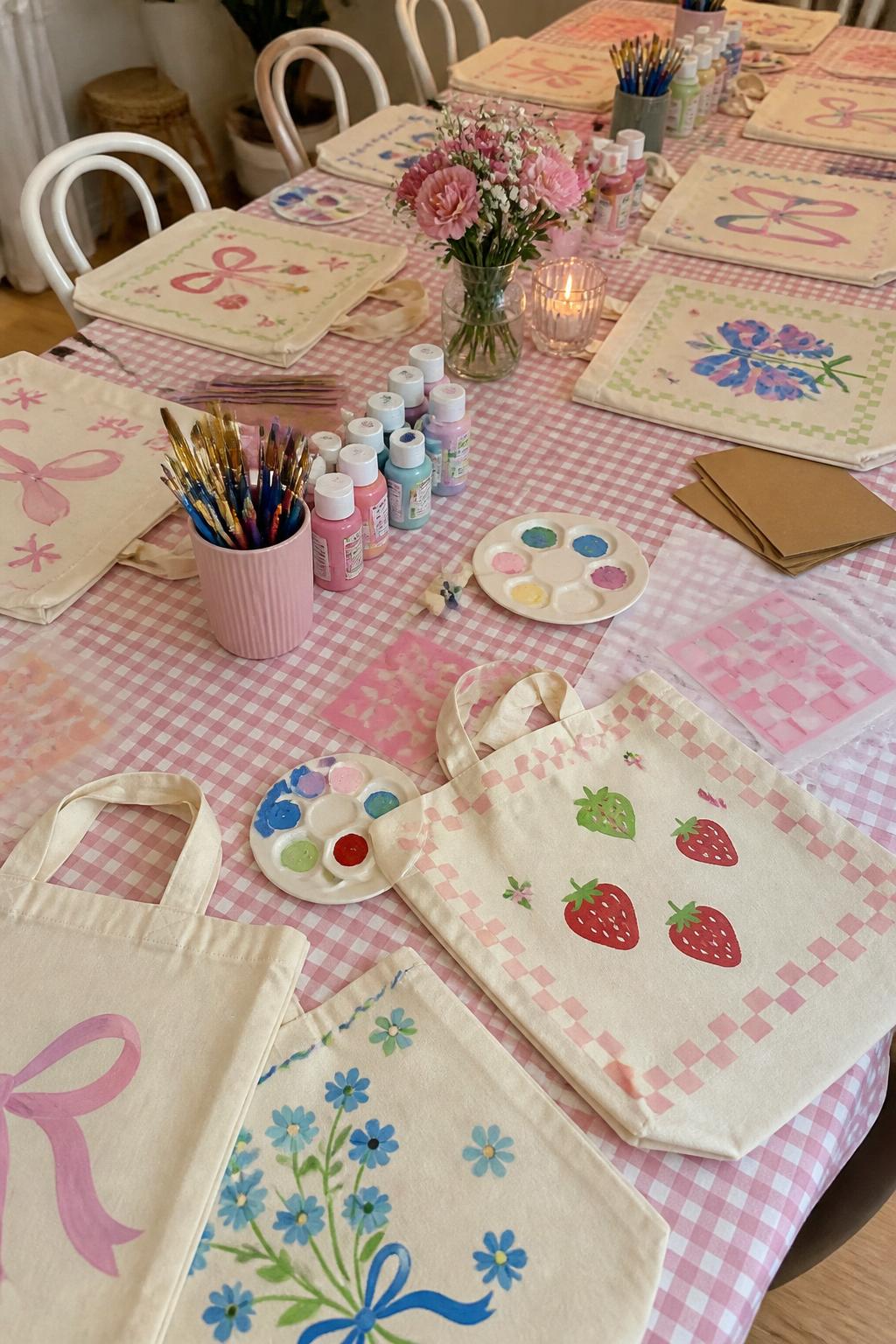 Detailed Image Prompt:
A bright craft night photo showing custom canvas tote bags on a long table, cream tote bags decorated with painted bows, strawberries, flowers, checkerboard borders, hearts, and pastel shapes, fabric paints, brushes, stencils, and cardboard inserts nearby, stylish DIY girls’ night setup, no people, no faces, no readable text, no watermark on images.