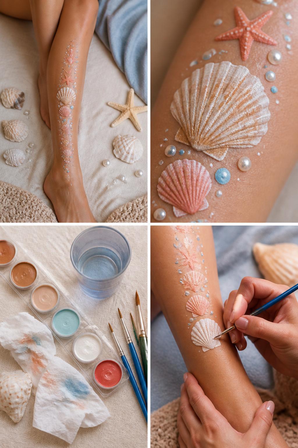 Detailed Image Prompt:
A realistic editorial 2x2 collage grid showing seashell trail leg painting, top-left finished design with small painted seashells, starfish, pearls, and blue dots trailing from knee to ankle, top-right close-up of shell ridges and pearl-like dots, bottom-left flat lay of skin-safe cream, tan, pale blue, white, and coral body paint, fine brushes, wipes, and water cup, bottom-right cropped hands painting a scallop shell on the lower leg, soft coastal summer body art setup, no faces, no text, no watermark on images.