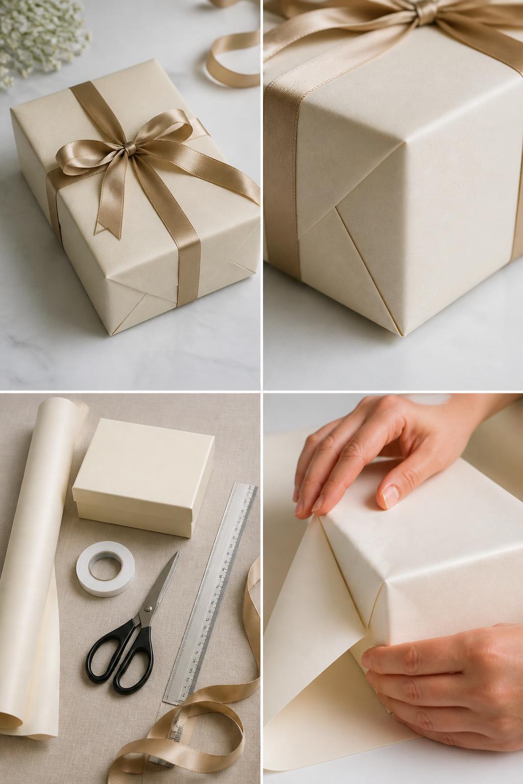 Detailed Image Prompt:
A realistic editorial 2x2 collage grid showing a classic neatly wrapped gift box, top-left finished rectangular gift wrapped in matte cream paper with crisp corners and satin ribbon, top-right close-up of sharp folded edges and smooth paper seam, bottom-left flat lay of wrapping paper, gift box, scissors, double-sided tape, satin ribbon, and ruler, bottom-right cropped hands folding paper tightly around a box corner, clean gift wrapping table setting, no faces, no text, no watermark on images.
