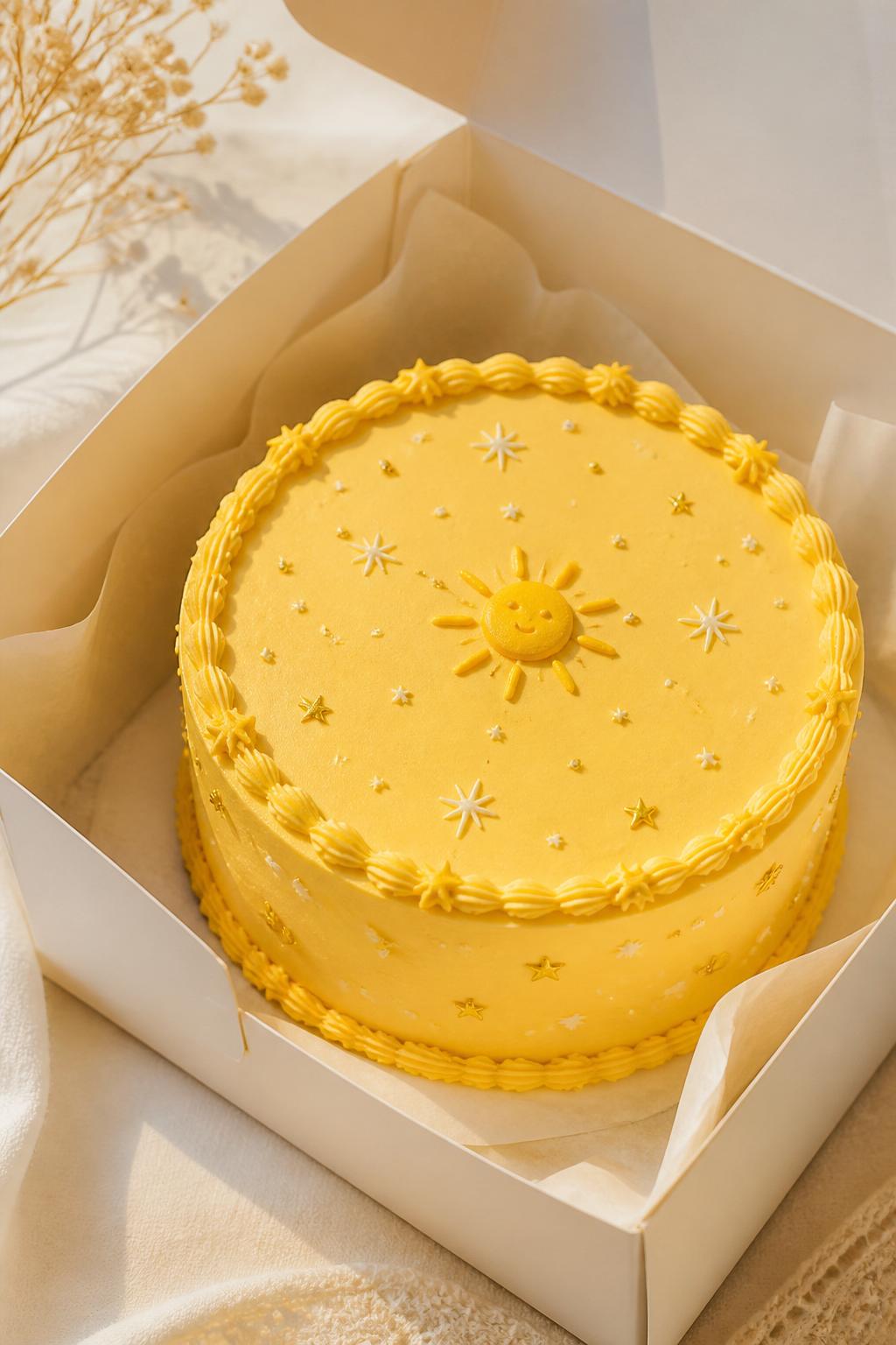 Image Prompt:
A creative sun and stars themed yellow bento cake inside a white cake box, warm golden yellow frosting, tiny white and gold star details, small sun motif on top, neat piped border, dreamy cheerful styling, soft bright light, realistic editorial dessert photography, no people, no hands, no faces, no watermarks on images
