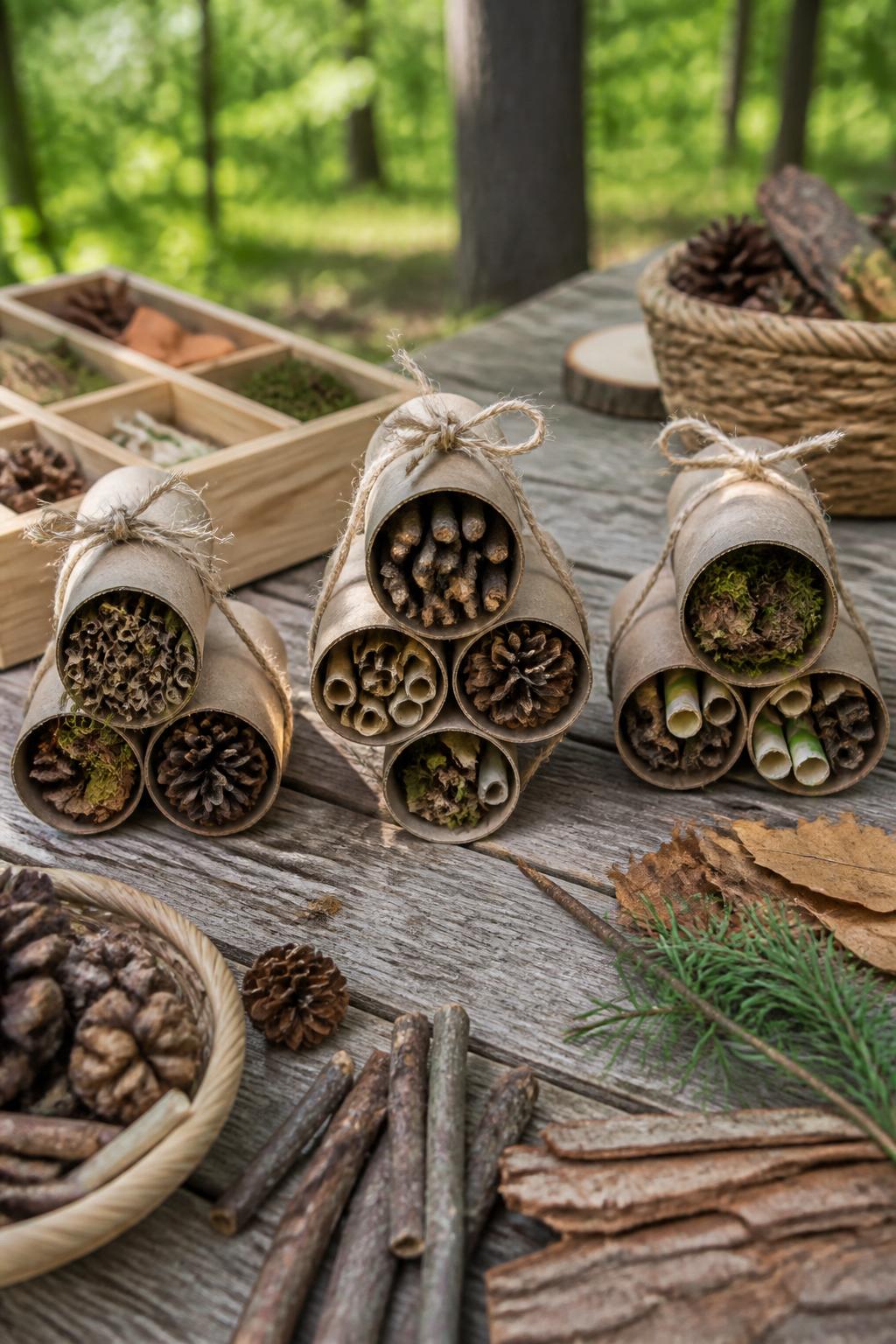 Detailed Image Prompt:
A nature-inspired summer camp craft photo showing mini bug hotel crafts, small cardboard tubes filled with sticks, leaves, pinecones, bark pieces, and paper straws, tied with twine and placed on a wooden outdoor table, natural camp craft materials around it, forest background, no people, no faces, no readable text, no watermark on images.