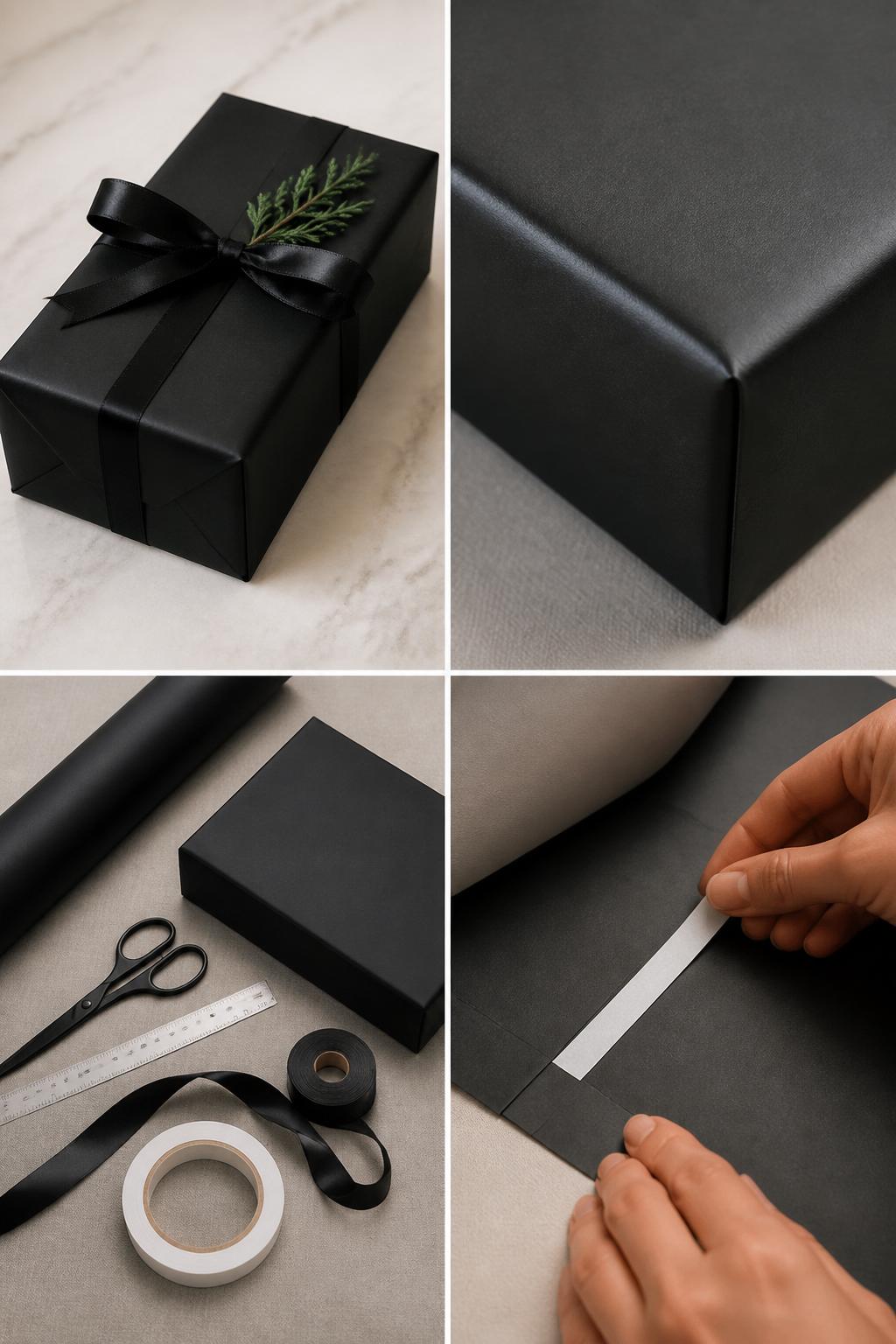 Detailed Image Prompt:
A realistic editorial 2x2 collage grid showing a hidden tape gift wrap technique, top-left finished gift in matte black paper with no visible tape and a clean ribbon finish, top-right close-up of smooth seams and sharp corners, bottom-left flat lay of wrapping paper, double-sided tape, scissors, ruler, ribbon, and gift box, bottom-right cropped hands placing double-sided tape under a folded paper seam, polished gift wrapping tutorial scene, no faces, no text, no watermark on images.