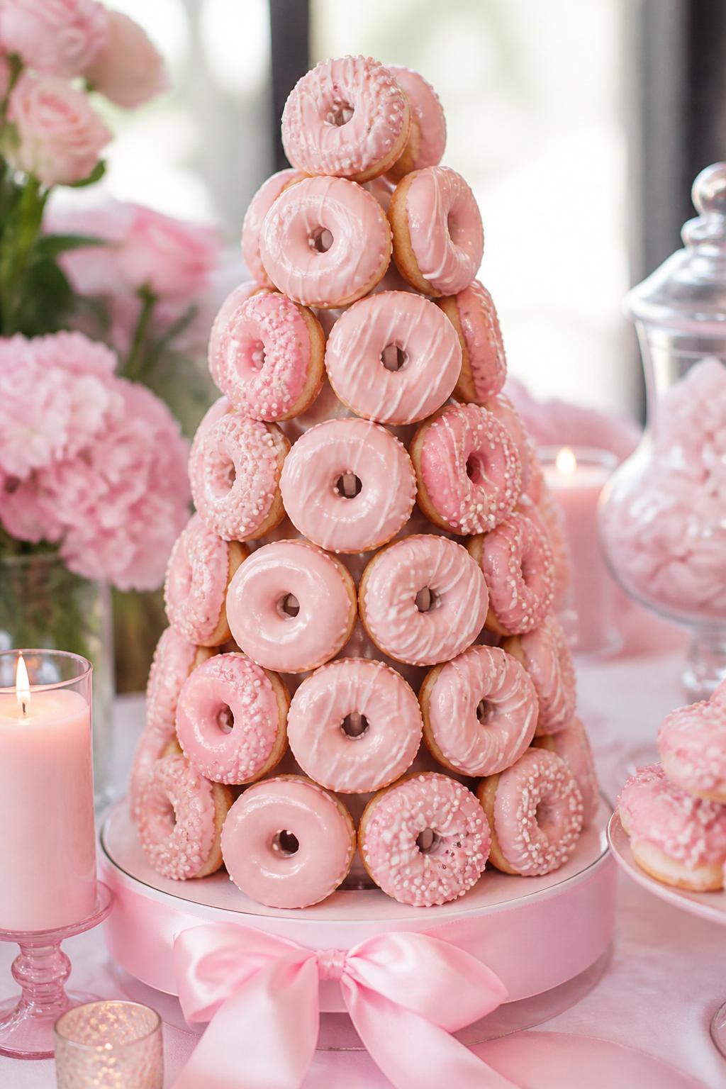 Detailed Image Prompt:
A lovely pink glazed donut tower cake with blush pink iced donuts stacked in a tall cone shape, white drizzle, tiny pearl sprinkles, and a satin ribbon around the display stand, styled on a feminine dessert table with soft pink decor and candles, realistic DSLR dessert photography, no people, bright soft daylight, no watermarks on images.
