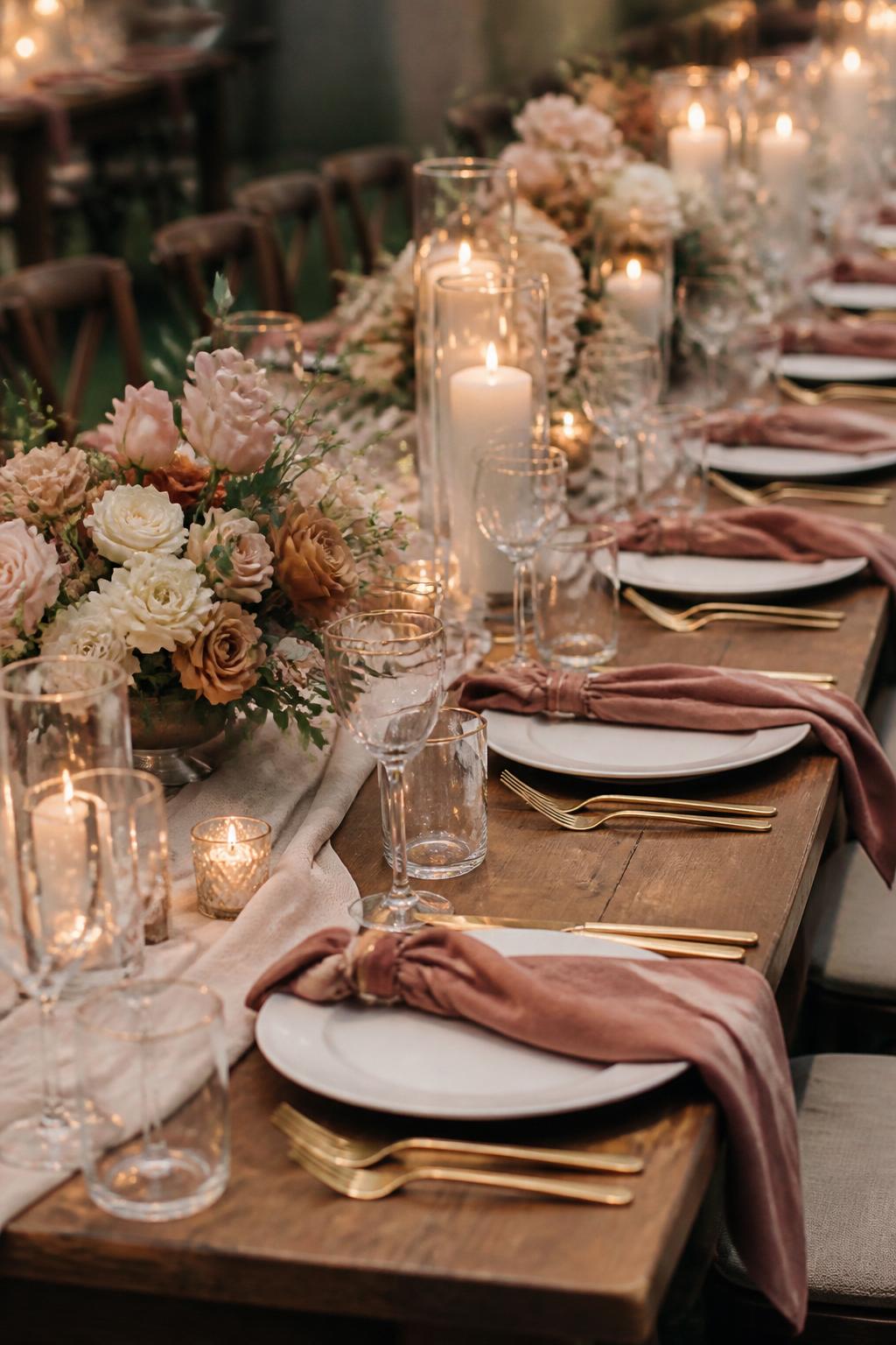 Image Prompt:
An elegant farm table wedding photo featuring a long wooden table styled with velvet napkins in dusty rose, sage green, or terracotta, paired with low floral centerpieces, ivory candles, white plates, gold flatware, and clear glassware. Warm romantic reception setting, no visible faces, no text, no watermark, professional DSLR wedding photography, (no watermarks on images)