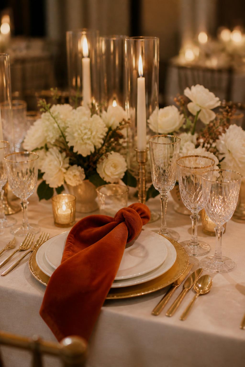 Image Prompt:
An elegant wedding table photo featuring rust velvet napkins, gold chargers, gold flatware, white plates, ivory flowers, crystal glasses, and warm glowing candles. Refined indoor reception setting, no visible faces, no full people, no text, no watermark, realistic wedding magazine photography, (no watermarks on images)