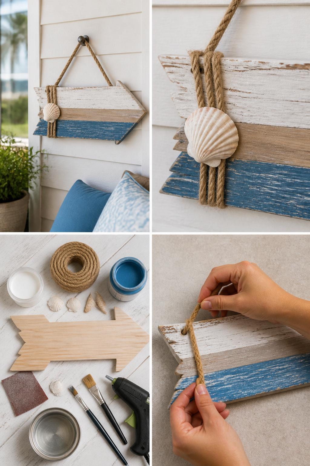 Detailed Image Prompt:
A realistic editorial 2x2 collage grid showing a DIY beach arrow wooden summer sign, top-left finished small arrow-shaped sign painted in white, tan, and ocean blue with rope and shell details on a porch wall, top-right close-up of weathered paint, rope hanger, and shell accent, bottom-left flat lay of arrow wood blank, blue and white paint, jute rope, small shells, paintbrushes, sandpaper, hot glue gun, and clear sealer, bottom-right cropped hands tying rope onto the wooden arrow sign, coastal summer porch craft styling, no faces, no text, no watermark on images.