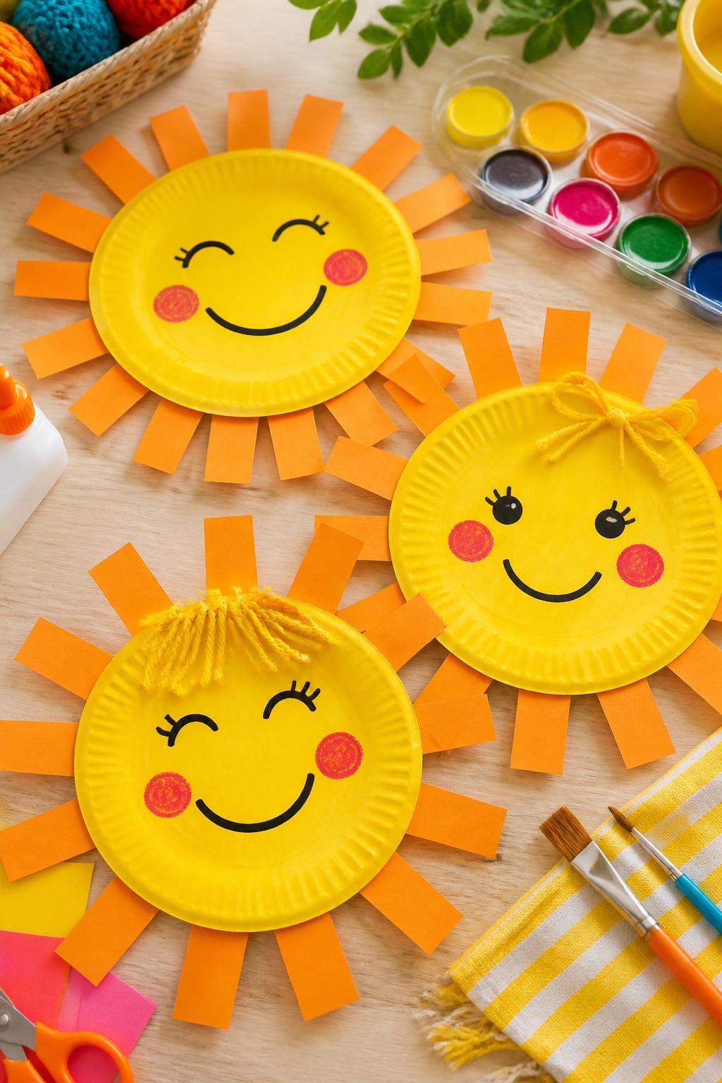 Detailed Image Prompt:
A playful craft photo of paper plate sunshine faces on a kids’ summer craft table, yellow painted paper plates with orange paper rays around the edges, smiling faces drawn with markers, rosy cheeks, yarn details, paintbrushes, washable paints, and glue nearby, bright summer styling, neat and polished editorial craft image, no people, no faces except the drawn sun faces, no text, no watermark on images.