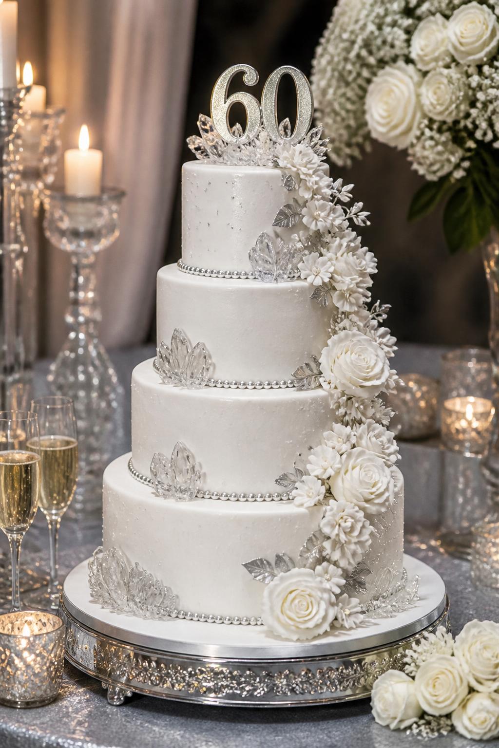 Image Prompt: A grand diamond wedding anniversary cake with four smooth white tiers, silver pearl borders, edible crystal clusters, white floral cascades, silver leaf accents, and a bold but tasteful “60” topper. Style it on a formal reception dessert table with crystal candle holders, champagne glasses, white roses, silver linen, and warm glowing light. Make it impressive, elegant, and realistic, no people, no faces, no watermark. (no watermarks on images)