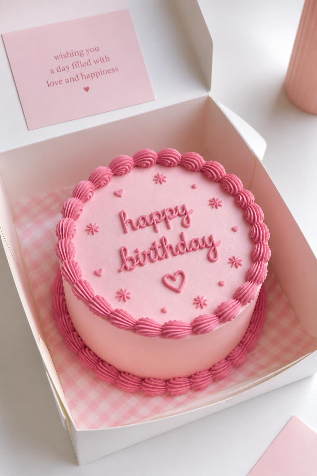 A beautiful monochrome pink birthday bento cake inside an open white cake box, smooth pink frosting, darker pink piped border, pink handwritten birthday text, tiny pink heart and star details, modern tone-on-tone styling, bright clean backdrop, realistic editorial dessert photography, no people, no hands, no faces, no watermarks on images