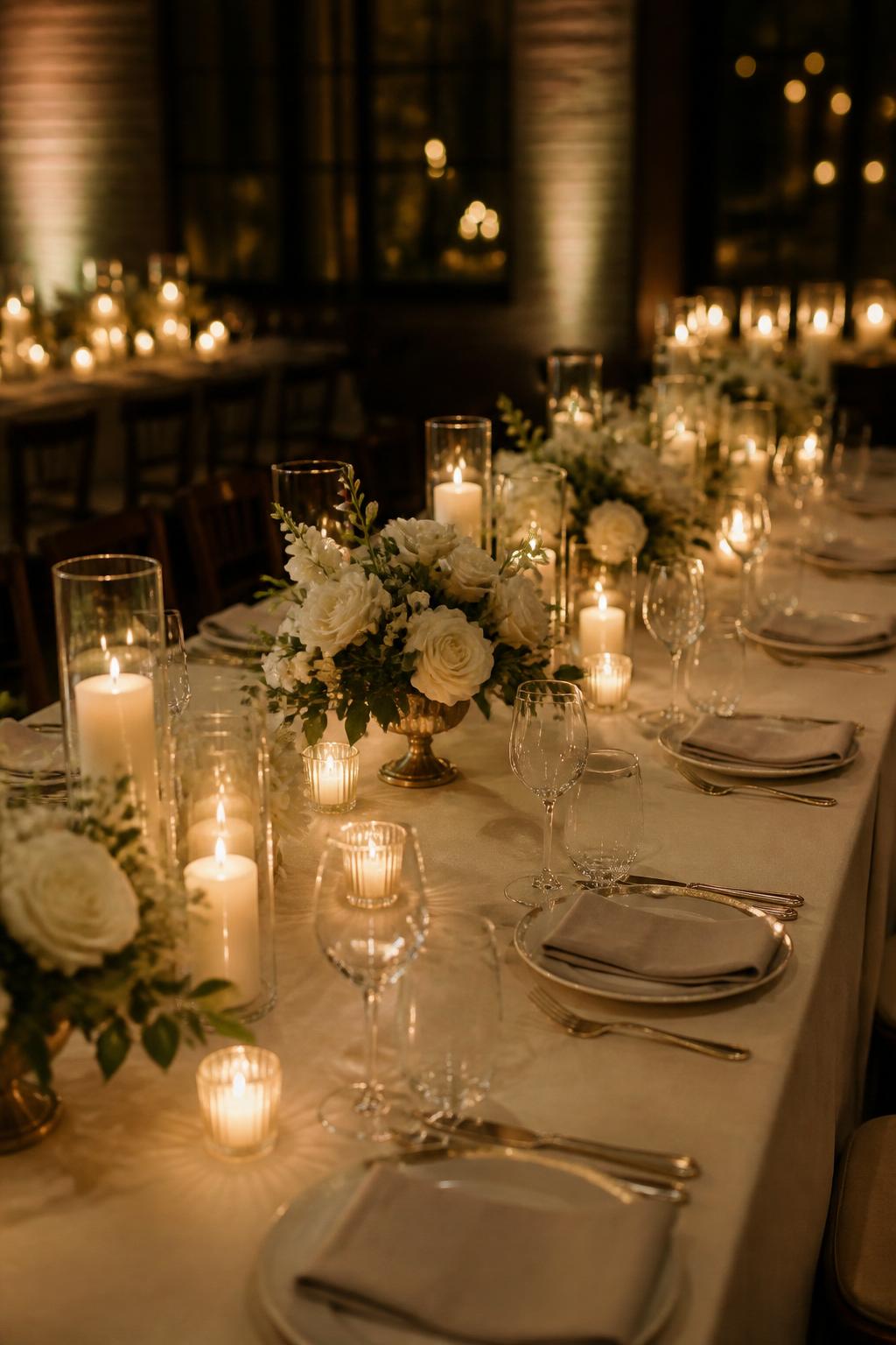 Image Prompt:
A stylish rectangle wedding table with several low floral centerpieces spaced evenly down the table, surrounded by clustered pillar candles and glass votives. The table has ivory linens, neutral plates, beige napkins, clear glassware, and soft warm lighting. The scene is an intimate reception dinner with no visible faces, no full-body people, realistic editorial wedding photography, no text, no watermark.