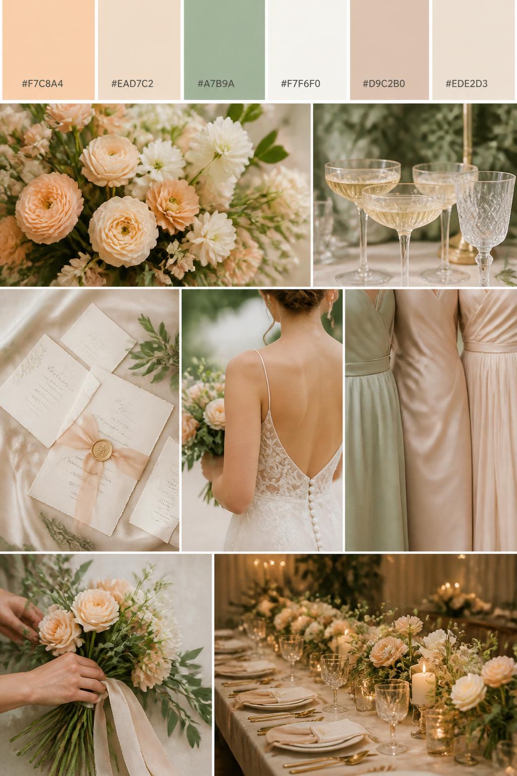 A realistic wedding color palette mood board with a top strip of swatches and small hex codes in peach, champagne, sage green, ivory, warm nude, and beige. Below, show a cohesive collage of peach flowers, champagne glassware, sage greenery, stationery with silk ribbon, a back-view bridal detail, cropped bridesmaid dress fabric shots, hands-only bouquet styling, and a romantic reception table under warm glowing light. Keep faces out of frame using side angles, back views, close-up crops, and no-people scenes. The overall mood should feel soft, elegant, fresh, and romantic with realistic DSLR photo quality. 9:16 vertical format. (no watermarks on images)