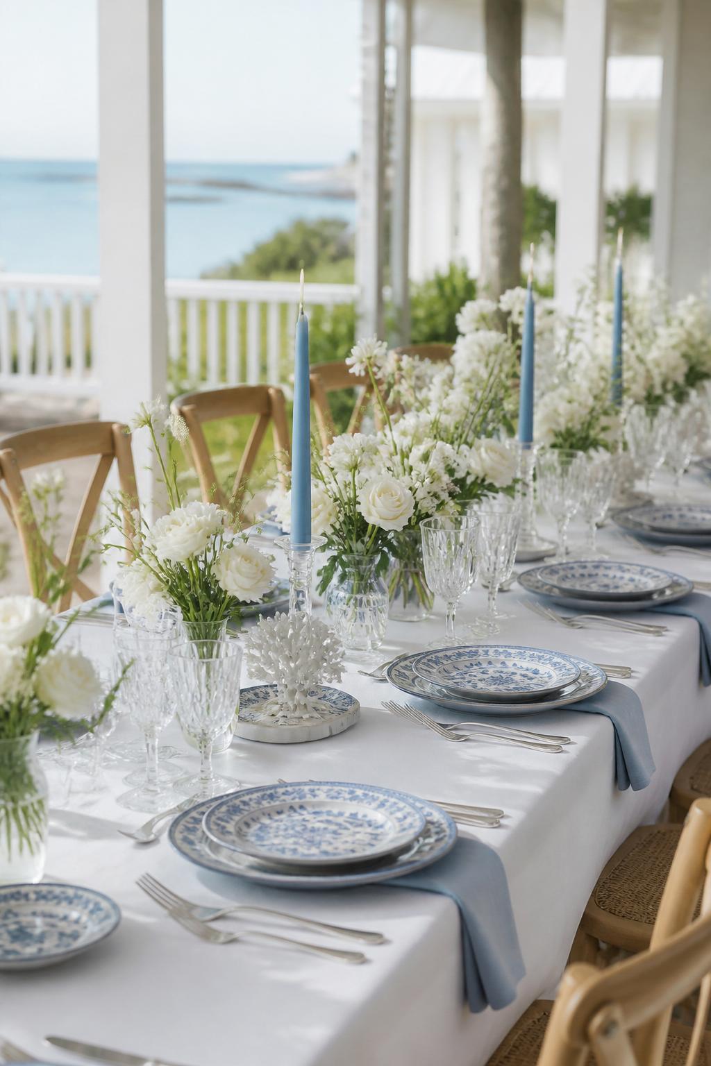 Image Prompt:
A fresh coastal wedding table photo showing a long rectangle table styled with white linen, soft blue napkins, blue and white patterned plates, white flowers, pale blue taper candles, clear glassware, and light wood chairs. The setting is an airy seaside reception or beach house venue with natural sunlight, no visible faces, no text, no watermark, editorial DSLR photo.