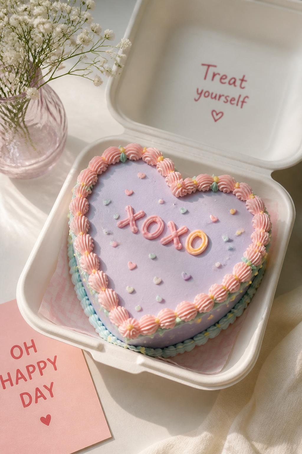 Image Prompt:
A playful conversation heart shaped bento cake inside an open white bento cake box, pastel candy-colored frosting, short handwritten icing text like “xoxo” or “cutie,” tiny piped border, fun cheerful styling, bright natural light, realistic editorial bakery photography, no people, no hands, no faces, no watermarks on images