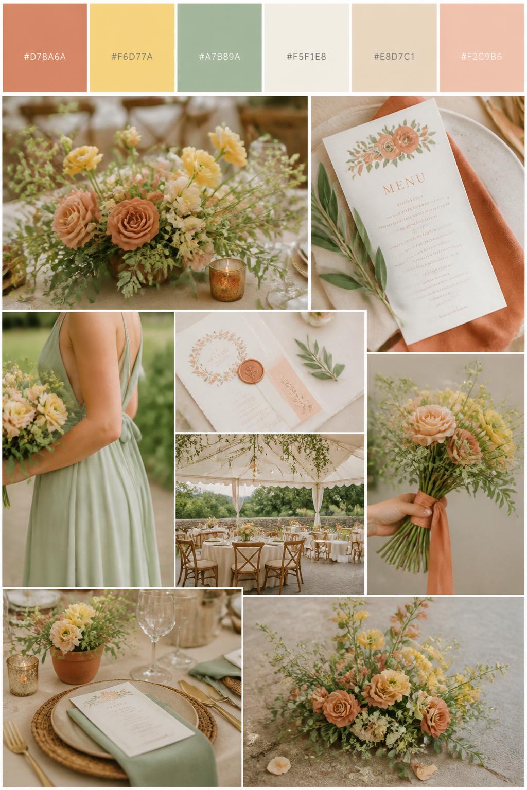 A realistic wedding mood board in a Pinterest-style collage layout. Add a top strip of swatches with small hex codes in soft terracotta, buttery yellow, sage green, cream, warm beige, and pale peach. Below, create a romantic collage with soft yellow flowers, sage greenery, terracotta floral details, menu cards, bouquet close-ups, a side-view body detail of a bridesmaid dress with no face shown, hands holding flowers, and no-people reception styling under warm natural light. Avoid clear faces completely by using cropped, turned-away, or detail-only compositions. DSLR-style realism, 9:16 vertical format. (no watermarks on images)