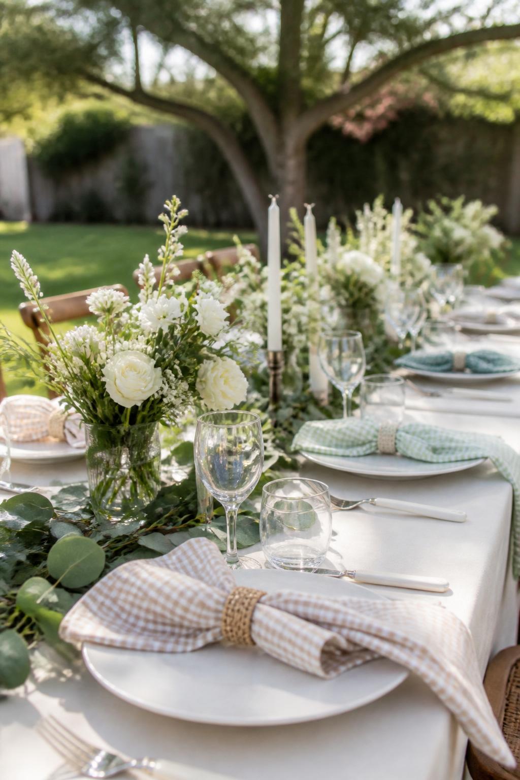 Image Prompt:
A charming but classy wedding picnic table styled with soft gingham napkins in beige, sage, dusty blue, or blush tones, white plates, small white floral centerpieces, greenery, clear glasses, and natural outdoor light. Garden or backyard wedding setting, no visible faces, no text, no watermark, realistic editorial wedding photography, (no watermarks on images)
