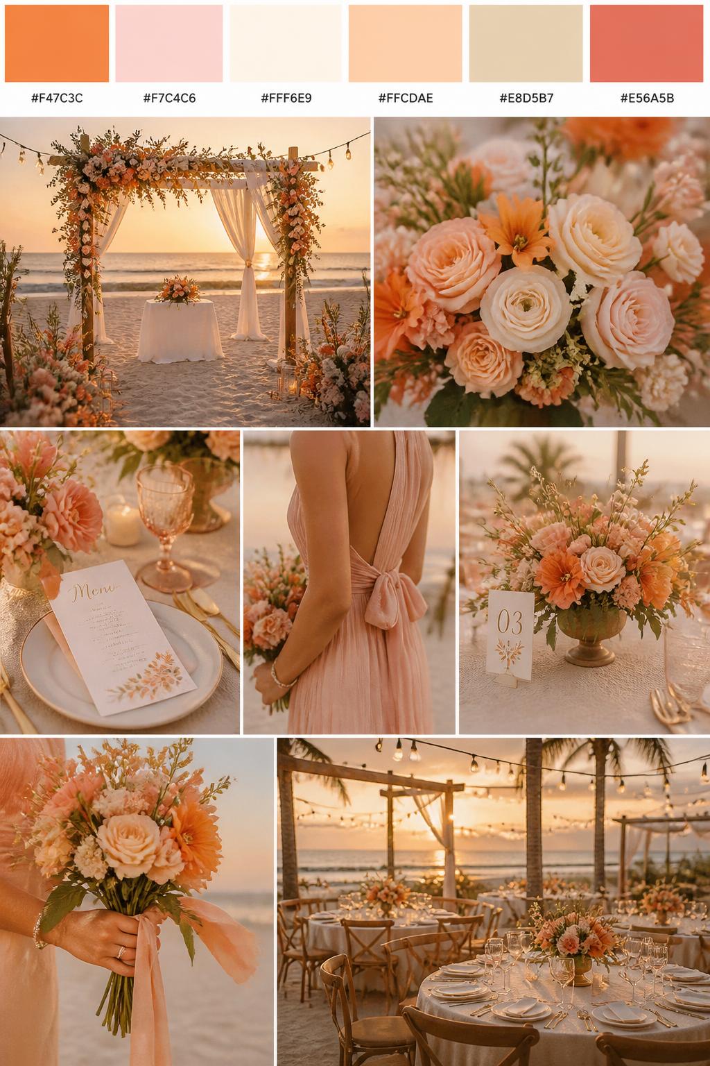 A realistic wedding mood board in a Pinterest-style collage layout. Add a top strip of swatches with small hex codes in sunset orange, blush pink, cream, soft peach, warm beige, and muted coral. Below, create a romantic beach collage with orange and blush flowers, cream table decor, menu cards, bouquet close-ups, a side-view body detail of a bridesmaid dress with no face shown, hands holding flowers, and no-people reception styling under soft golden beach light. Avoid clear faces completely by using cropped, turned-away, or detail-only compositions. DSLR-style realism, 9:16 vertical format. (no watermarks on images)