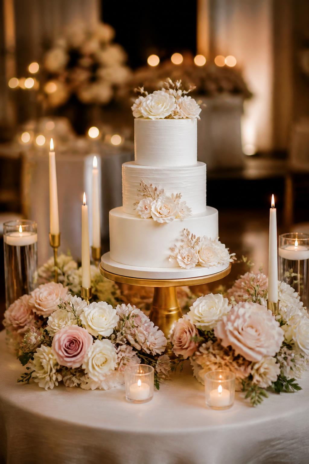 Image Prompt:
A romantic wedding cake table image featuring a white three-tier cake on a gold stand, surrounded by low blush and ivory floral arrangements, taper candles, glass votives, and soft warm lighting. Elegant evening reception setting, no visible faces, no full people, no text, no watermark, realistic DSLR editorial photography, (no watermarks on images)
