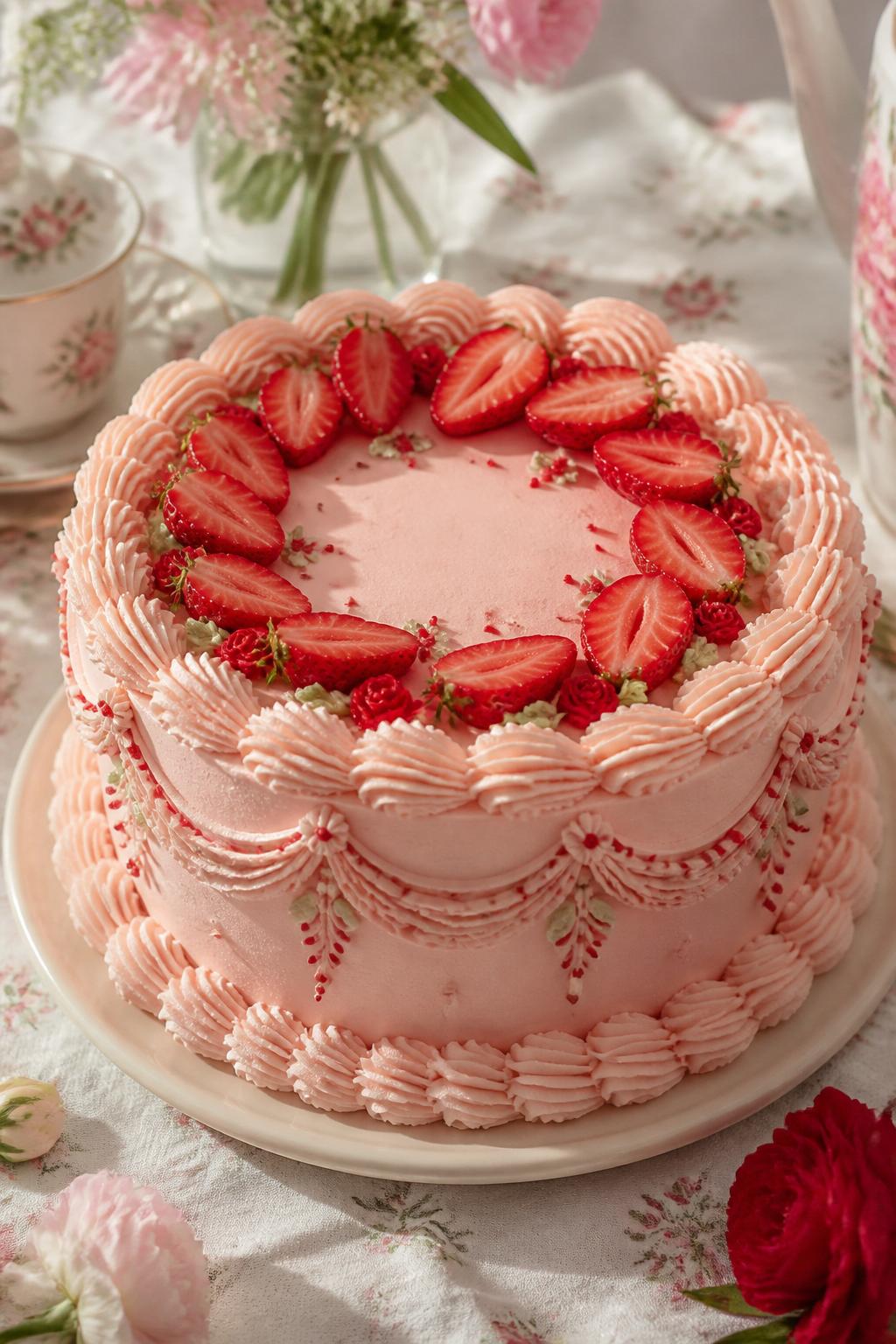 Detailed Image Prompt:
A vintage-style cake in soft pink and red, with light pink buttercream, piped cream borders, fresh strawberry-inspired decoration, tiny red details, and a nostalgic bakery-style finish, styled on a pretty spring dessert table, realistic editorial cake photography, no people, soft daylight, no watermarks on images.