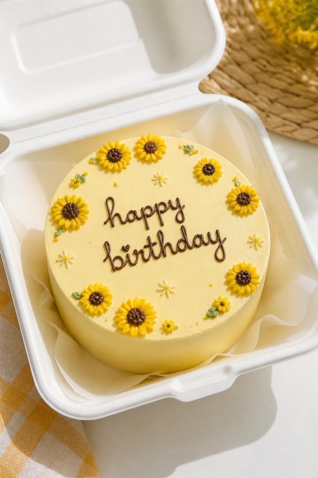 Image Prompt:
A sunflower birthday bento cake inside an open white cake box, smooth pale yellow frosting, small sunflower accents around the border, handwritten icing text reading “happy birthday,” tiny star details, cheerful birthday styling, bright natural light, realistic bakery photography, no people, no hands, no faces, no watermarks on images