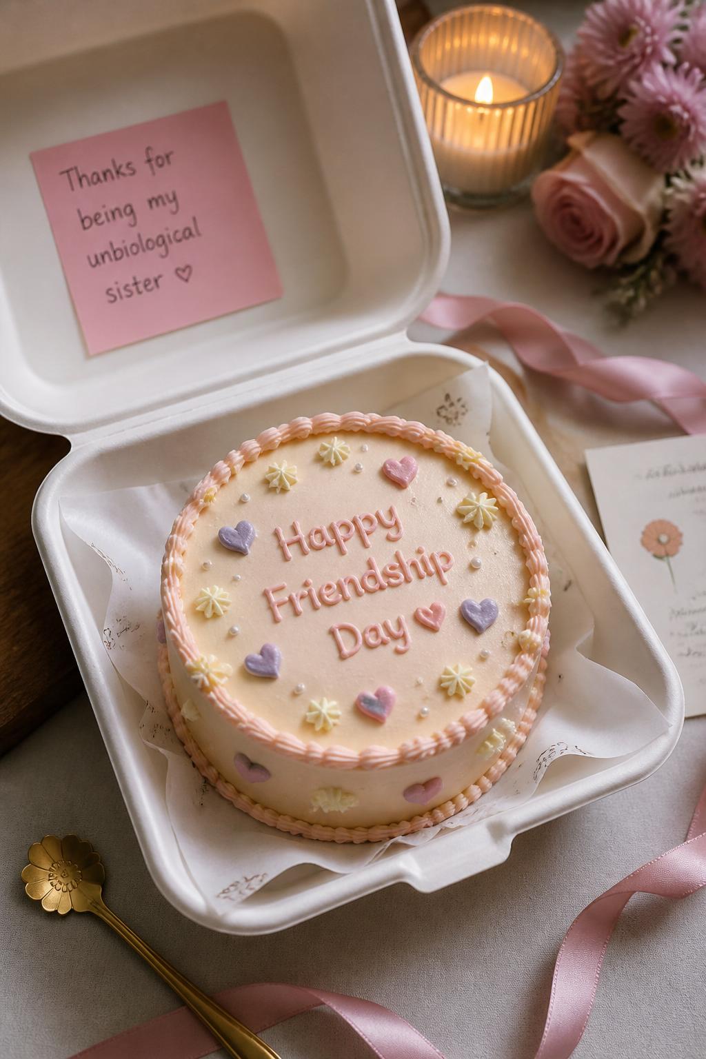 Image Prompt: A small friendship anniversary bento cake inside an open white cake box, decorated with smooth pastel buttercream, tiny piped hearts, stars, pearl dots, and a sweet “Friendship Day” or “Bestie Anniversary” message on top. Style it on a cozy table with a small spoon, ribbons, candles, and pastel flowers. Make it realistic, giftable, cute, and editorial, no people, no faces, no watermark. (no watermarks on images)
