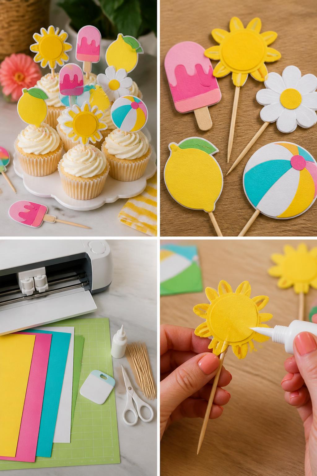 Detailed Image Prompt:
A realistic editorial 2x2 collage grid showing beginner Cricut summer cupcake toppers, top-left finished cardstock toppers shaped like suns, popsicles, lemons, flowers, and beach balls placed in cupcakes, top-right close-up of layered cardstock shapes on wooden picks, bottom-left flat lay of colored cardstock, Cricut machine, LightGrip mat, glue, toothpicks, scraper, and scissors, bottom-right cropped hands gluing a cardstock sun to a toothpick, bright summer party craft table, no faces, no text, no watermark on images.