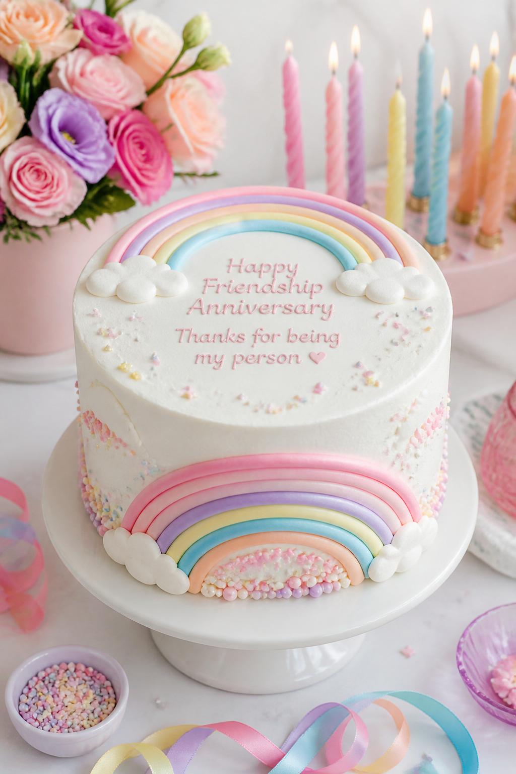 Image Prompt: A cute pastel rainbow friendship anniversary cake with smooth white buttercream, soft rainbow arcs in pink, lavender, yellow, blue, and peach, tiny clouds, pearl sprinkles, and a sweet best friend message. Style it on a bright dessert table with pastel candles, flowers, and colorful ribbons. Make it realistic, cheerful, and editorial, no people, no faces, no text overlay, no watermark. (no watermarks on images)