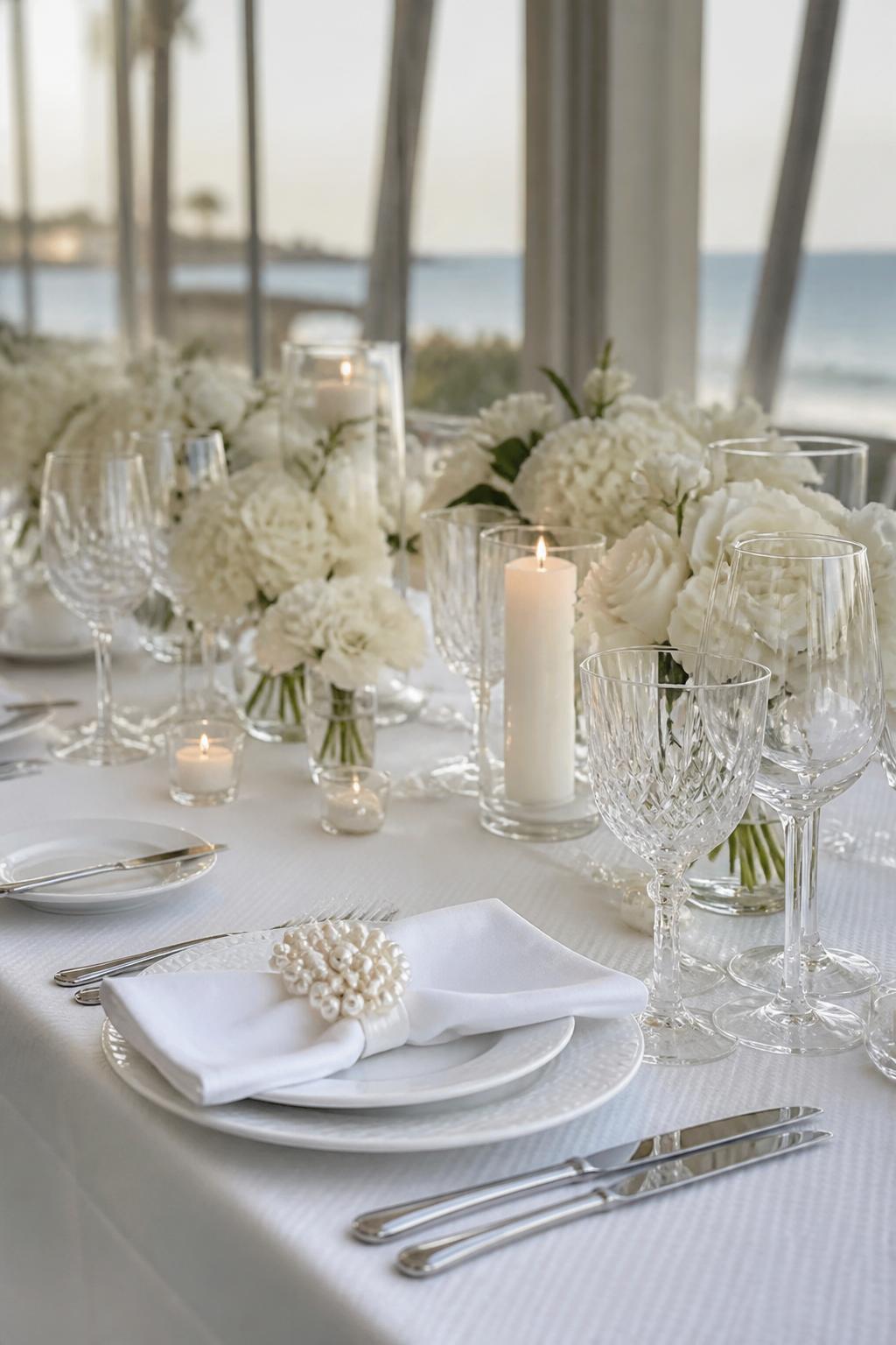 Image Prompt:
A classy coastal wedding table photo showing subtle pearl-inspired accents near white linen napkins, white plates, crystal glasses, silver flatware, white flowers, and soft candlelight. Elegant seaside indoor reception setting, no visible faces, no text, no watermark, realistic professional wedding photography, (no watermarks on images)