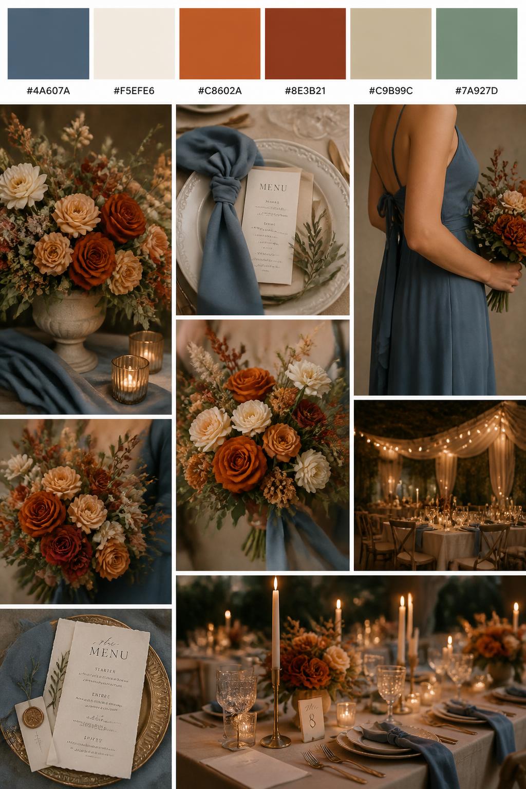 A realistic wedding mood board in a Pinterest-style collage layout. Add a top strip of swatches with small hex codes in steel blue, cream, burnt orange, rust, warm beige, and muted sage. Below, create a romantic collage with burnt orange flowers, steel blue fabric details, cream table decor, menu cards, bouquet close-ups, a side-view body detail of a bridesmaid dress with no face shown, hands holding flowers, and no-people reception styling under soft candlelight. Avoid clear faces completely by using cropped, turned-away, or detail-only compositions. DSLR-style realism, 9:16 vertical format. (no watermarks on images)