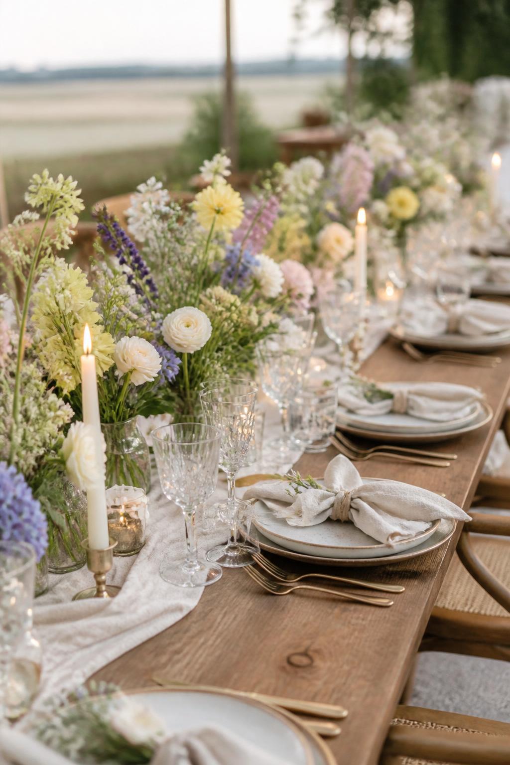 A pretty editorial wedding table image showing a long wooden table decorated with loose wildflower arrangements in white, pale yellow, blush, lavender, and soft blue, along with candles, natural linen napkins, ceramic plates, and clear glassware. Outdoor or countryside reception setting, no visible faces, no text, no watermark, realistic DSLR wedding photography, (no watermarks on images)