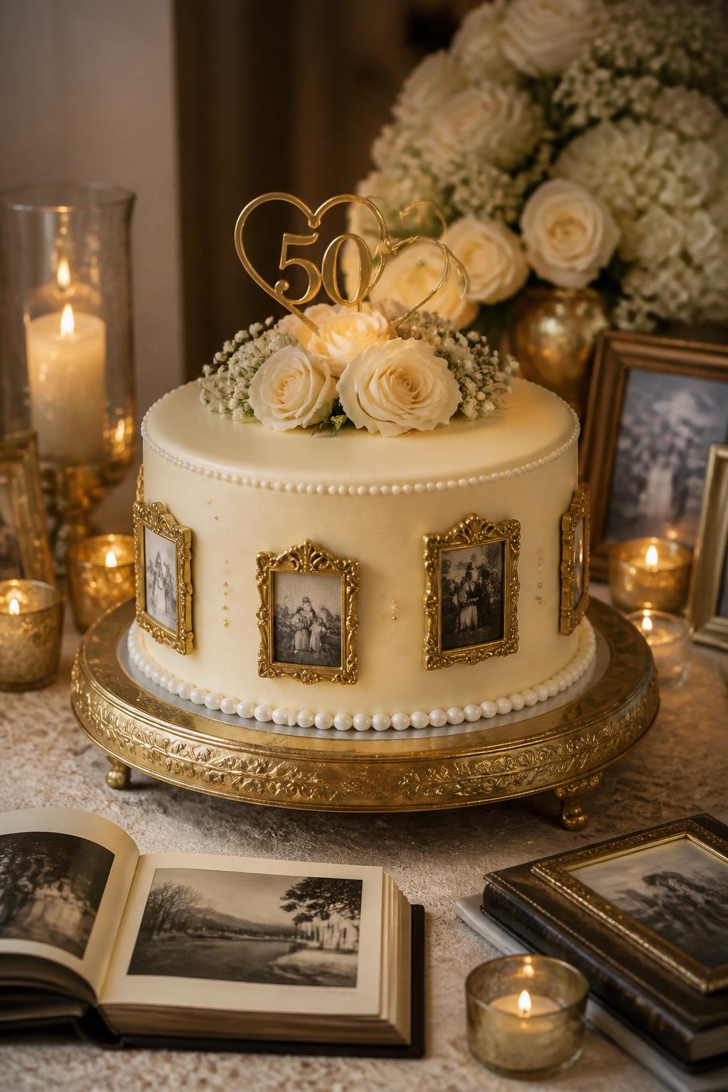 Image Prompt: A sentimental golden wedding anniversary cake with smooth ivory buttercream, small edible gold photo-frame details around the sides, pearl borders, cream roses, and a simple gold topper. Style it on a family dessert table with photo albums, candles, warm lighting, and neutral flowers. Make it tasteful, emotional, and realistic, with no clear visible faces in the printed images, no people, no text overlay, no watermark. (no watermarks on images)