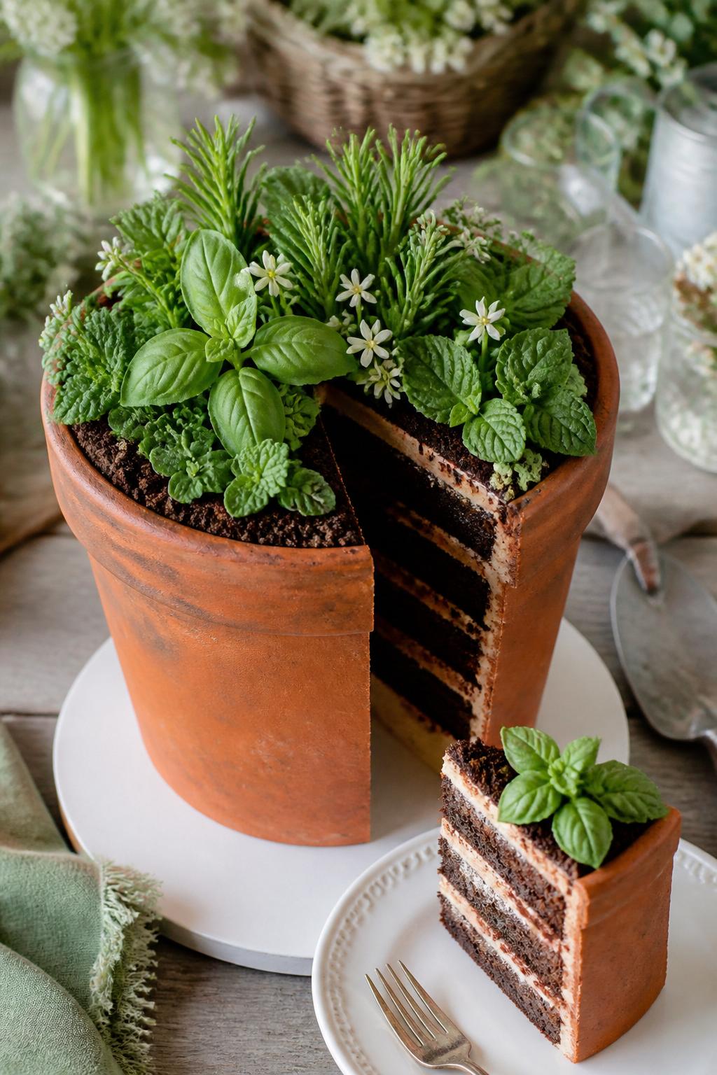 Detailed Image Prompt:
A creative flower pot cake styled like a mini herb planter, with piped rosemary, mint, basil-inspired green frosting leaves, tiny white blossom details, crumb soil topping, and realistic terracotta pot texture, photographed on a rustic kitchen table with garden party styling, clean natural light, editorial dessert photo, no people, realistic DSLR quality, no watermarks on images.