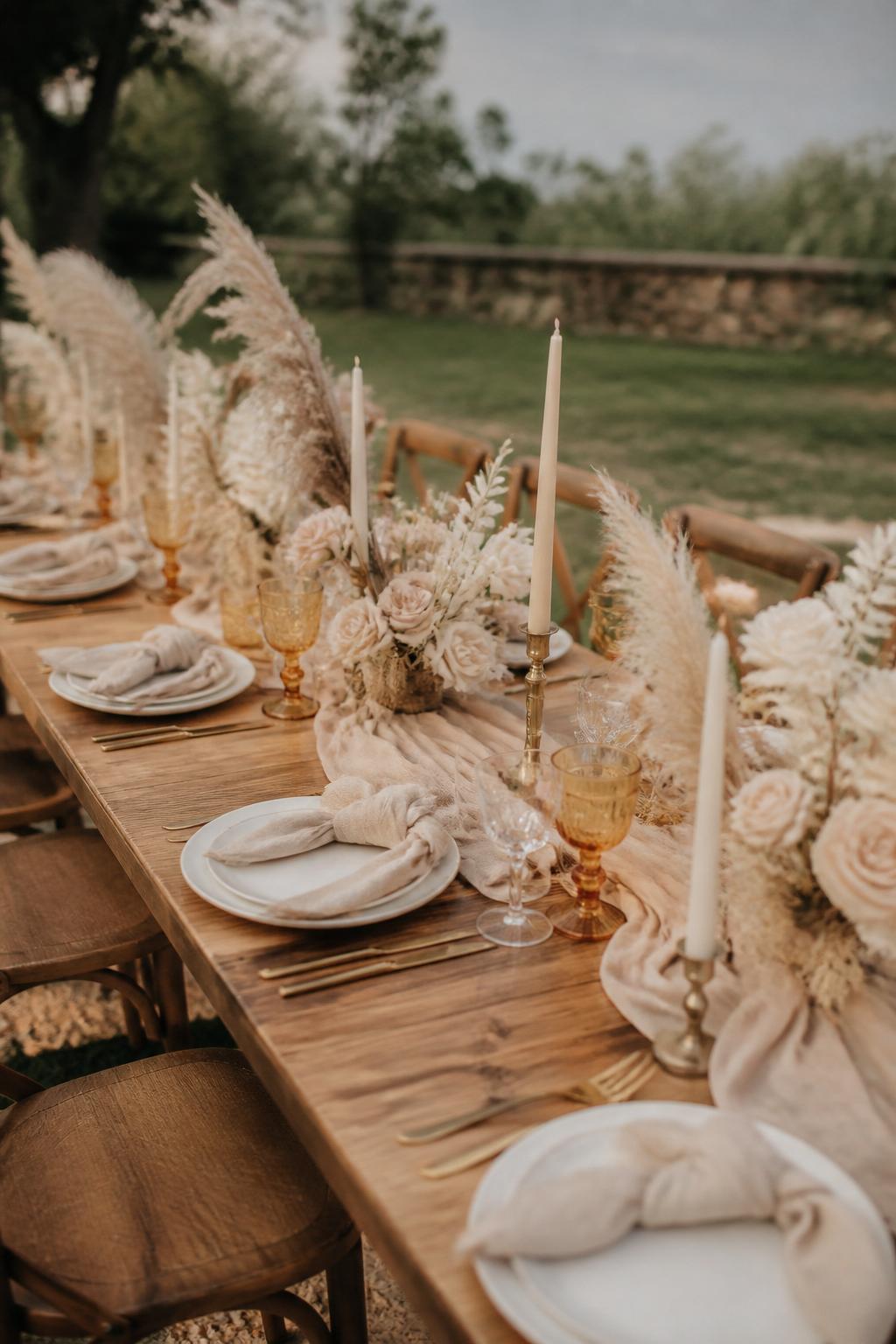 Image Prompt:
A stylish boho wedding table photo showing a bare wooden table styled with neutral linen napkins, pampas grass, beige flowers, white plates, clear or amber glassware, taper candles, and soft natural light. Outdoor garden or countryside boho reception setting, no visible faces, no text, no watermark, realistic DSLR editorial photography, (no watermarks on images)