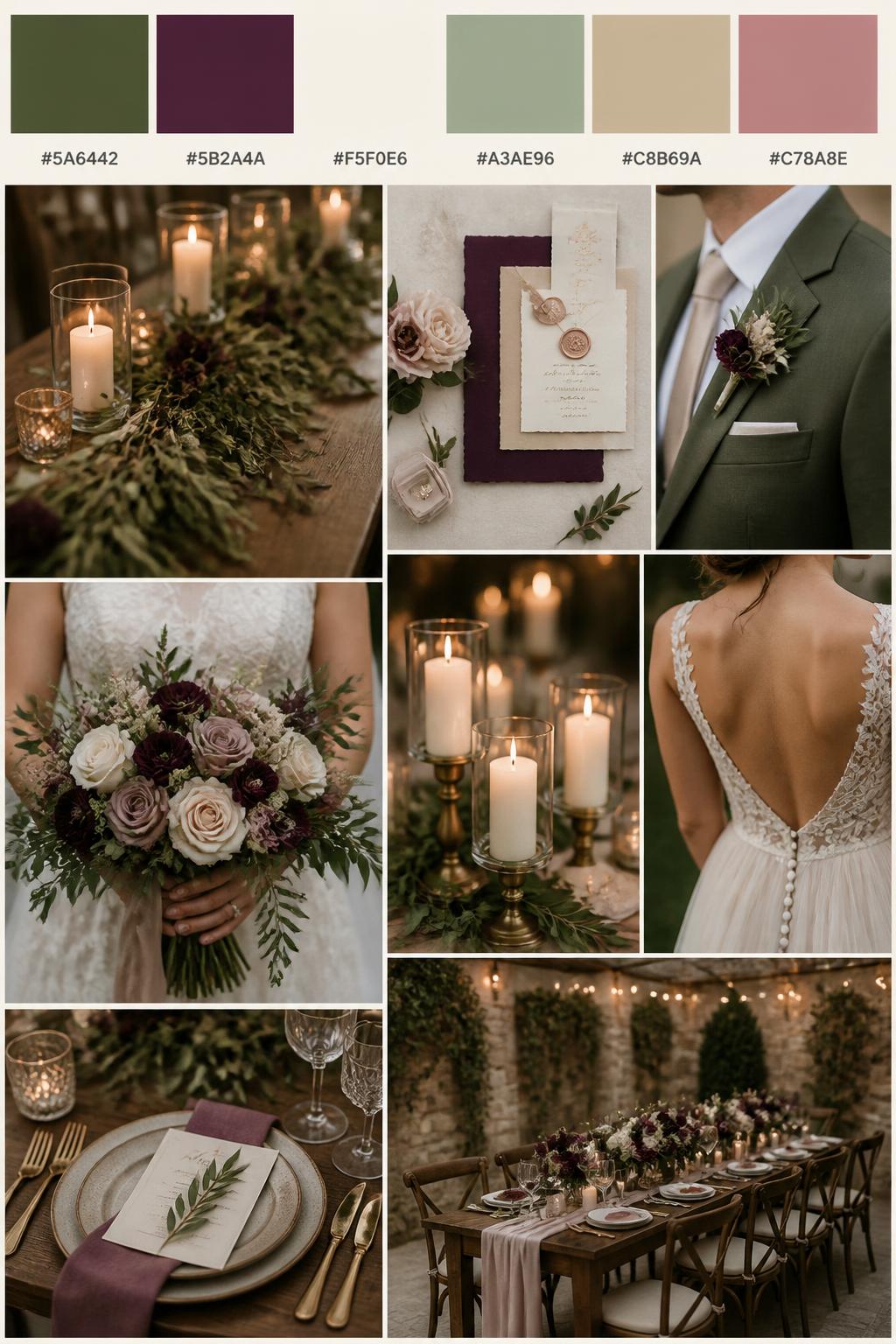 Image Prompt:
A realistic wedding palette board with a top row of color swatches and hex codes in olive green, plum, ivory, muted sage, warm beige, and dusty rose. Below, show a polished collage of olive greenery garlands, plum floral accents, ivory candles, elegant paper goods, a groom suit detail with boutonniere and no visible face, cropped dress shots, bouquet styling in hands-only composition, and a romantic no-people reception table. Use no full faces, with side crops, back views, and no-people decor shots for variety. The mood should feel lush, earthy, and romantic with true-to-life DSLR quality. 9:16 vertical format. (no watermarks on images)