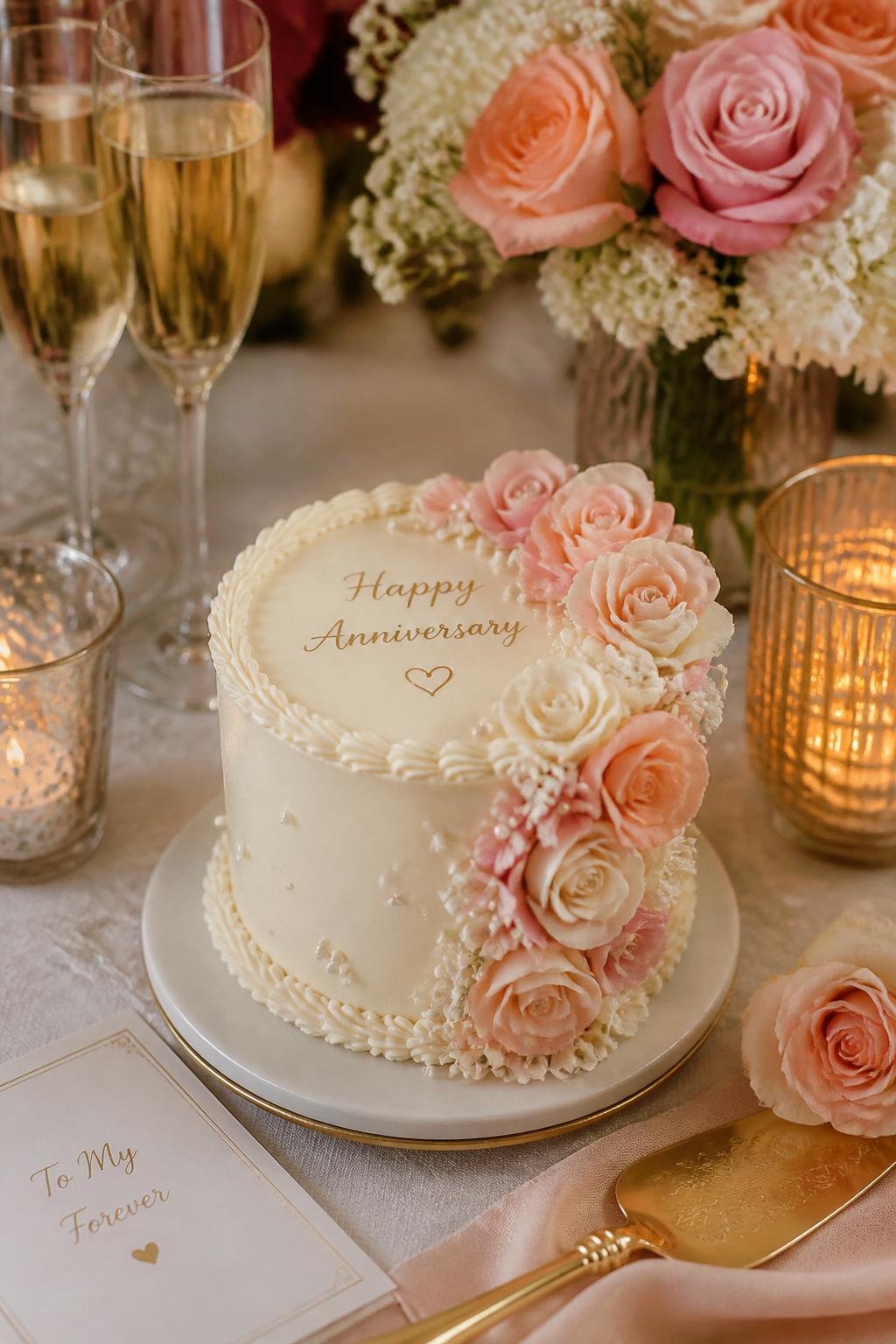 Image Prompt: A small anniversary mini cake with smooth cream buttercream, a tiny cascade of blush, ivory, and peach flowers flowing down one side, pearl dots, and delicate piped borders. Style it on an elegant dessert table with candles, champagne glasses, and soft floral decor. Make it romantic, polished, and realistic, no people, no faces, no watermark. (no watermarks on images)