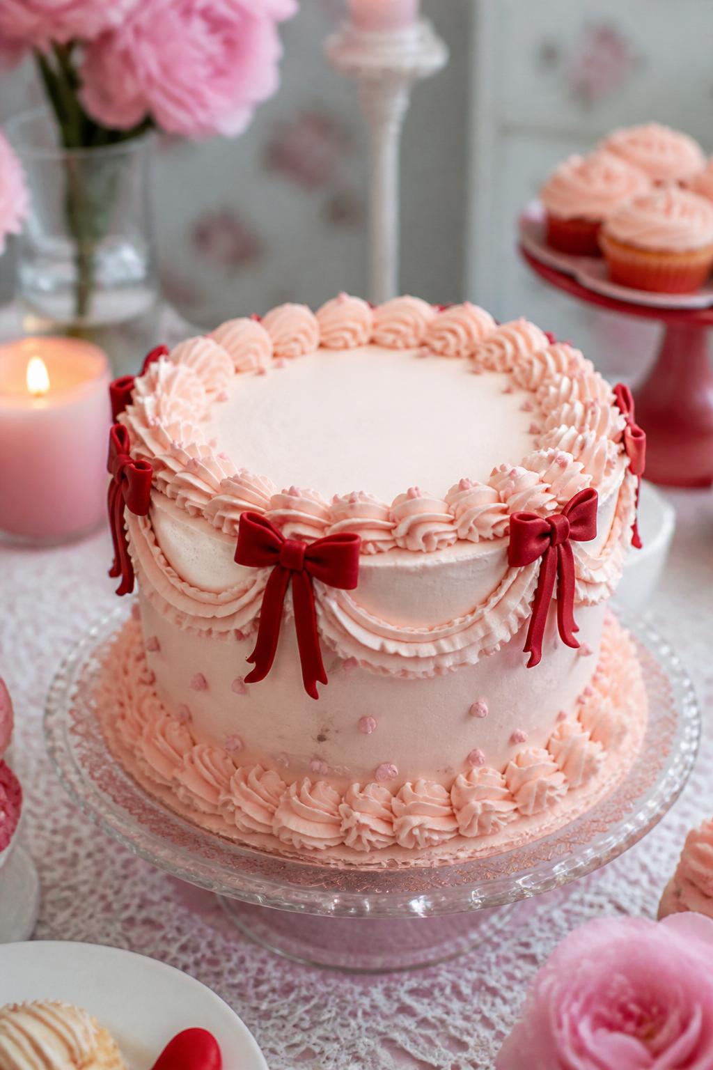 Detailed Image Prompt:
A charming vintage cake with a soft pink buttercream finish, red fondant bow accents, piped shell borders, tiny dot details, and romantic frilly trim, styled on a pastel dessert table with feminine party styling, realistic DSLR cake photography, no people, no watermarks on images.