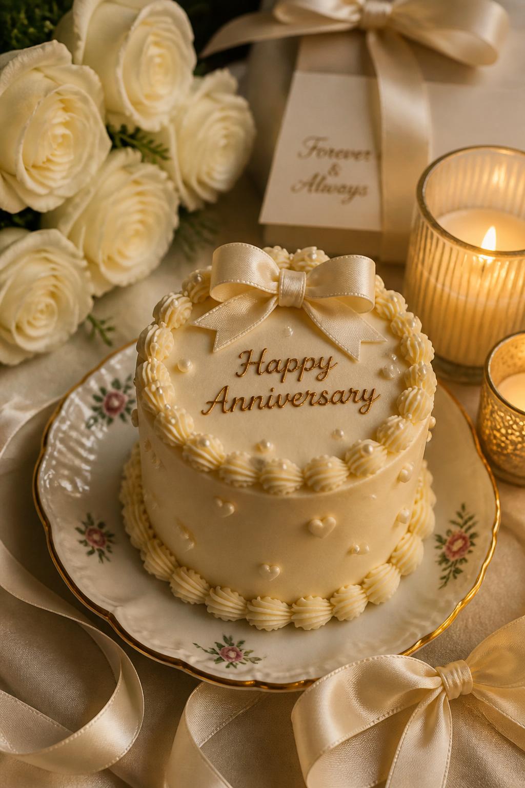 Image Prompt: A cute mini anniversary cake with smooth champagne buttercream, a small fondant bow on top, pearl accents, soft piped borders, and tiny heart details. Place it on a pretty dessert plate with satin ribbon, white roses, candles, and warm light. Make it gift-like, sweet, and realistic, no people, no faces, no watermark. (no watermarks on images)