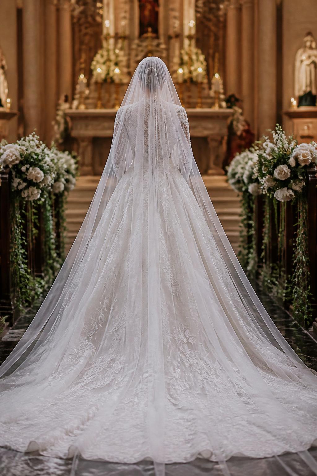 Image Prompt: A dramatic bridal editorial photo of a bride in a full sleeve modest wedding gown paired with a long cathedral veil, standing before a church altar or walking down the aisle. Show the bride from the back or crop from the neck down so the face is not visible. Let the veil trail beautifully behind the dress and catch the soft light. The image should feel reverent, elegant, and worthy of a bridal magazine spread, with realistic fabric detail, no visible face, no text, no watermark. (no watermarks on images)