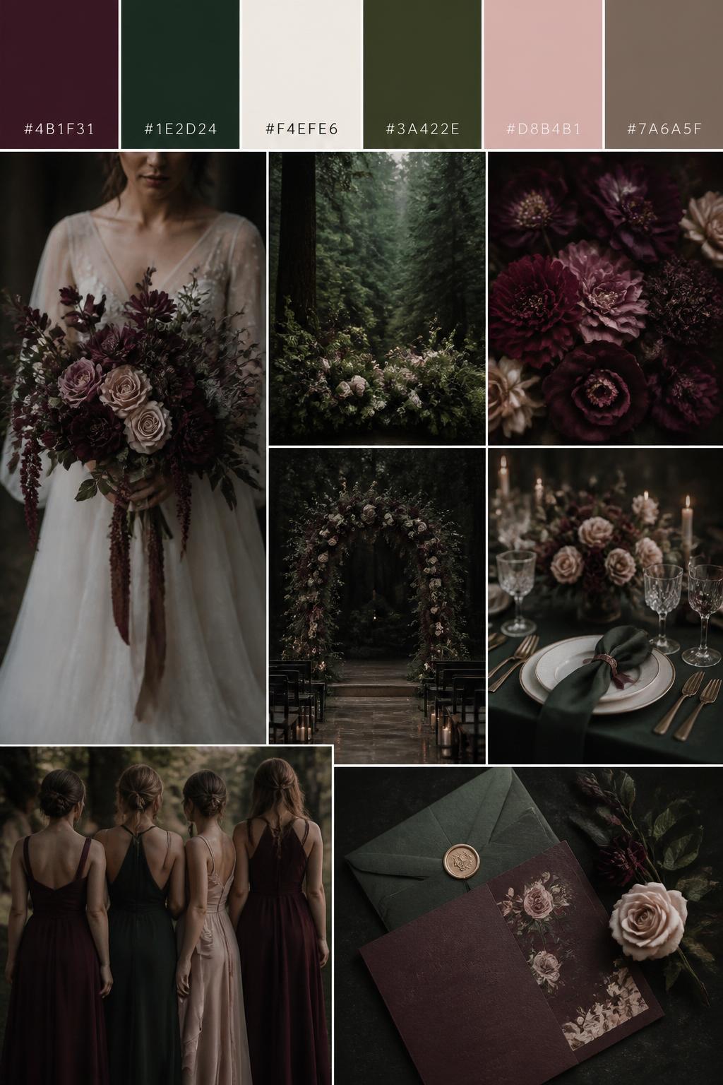A moody elegant wedding palette board with top color swatches and hex codes in mulberry, forest green, cream, dark olive, soft blush, and taupe. The collage below should show a dramatic bouquet, forest greenery, mulberry florals, elegant place settings, a dark romantic ceremony arch, deep-colored dresses, and sophisticated stationery. The mood should feel rich, moody, and polished, captured in realistic DSLR style with a luxury wedding feel. 9:16 vertical format. No extra text except small hex codes on the palette strip. (no watermarks on images)