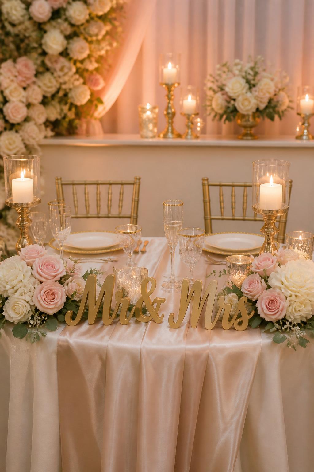 Image Prompt:
An elegant wedding sweetheart table decorated in blush and gold, with a gold Mr and Mrs sign, blush roses, ivory flowers, champagne satin runner, gold candle holders, gold-rimmed plates, crystal glasses, and warm candlelight. Romantic indoor reception setting, no visible faces, no watermark, professional wedding magazine style photo.