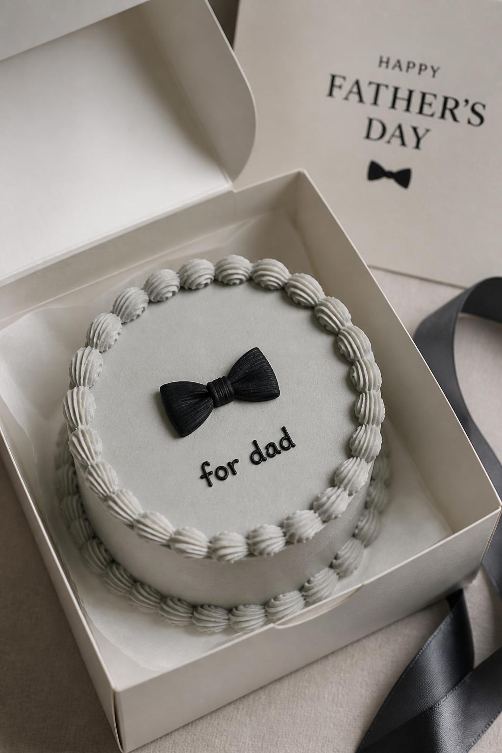 Image Prompt:
A creative Father’s Day bento cake inside an open white cake box, smooth light gray frosting, small black buttercream bow tie design in the center, neat piped border, short icing text reading “for dad,” classy modern styling, soft studio light, realistic editorial bakery photography, no people, no hands, no faces, no watermarks on images