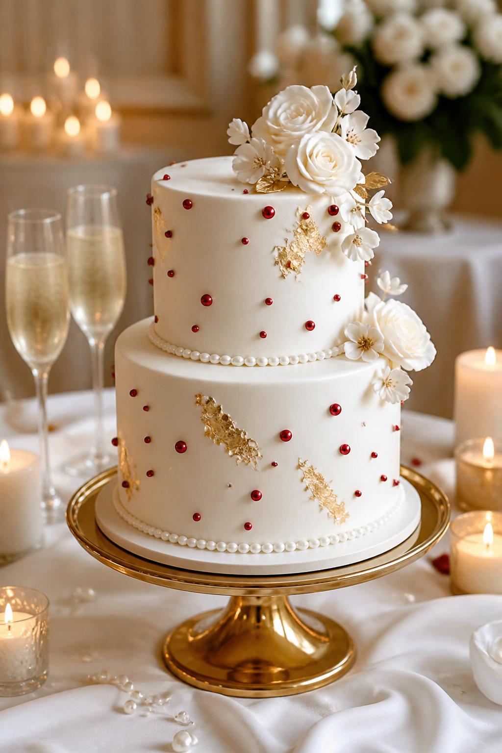 Image Prompt: A refined ruby wedding anniversary cake with smooth white fondant, ruby red pearl accents, edible gold leaf, white sugar flowers, and delicate pearl borders. Place it on a gold cake stand with candles, champagne glasses, white linen, and warm soft lighting. Make it elegant, cute, and realistic, no people, no faces, no text overlay, no watermark. (no watermarks on images)