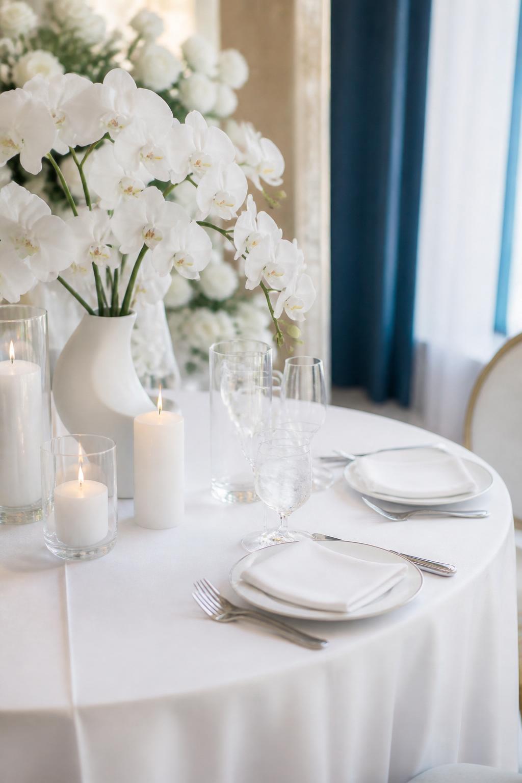 Image Prompt:
A classy minimal sweetheart table with crisp white linen, white orchids in a sleek modern vase, clear glass candle holders, polished flatware, white plates, and soft natural light. The overall look is clean, elegant, and table-focused with no visible faces, no full people, no text, realistic DSLR wedding photography, (no watermarks on images)