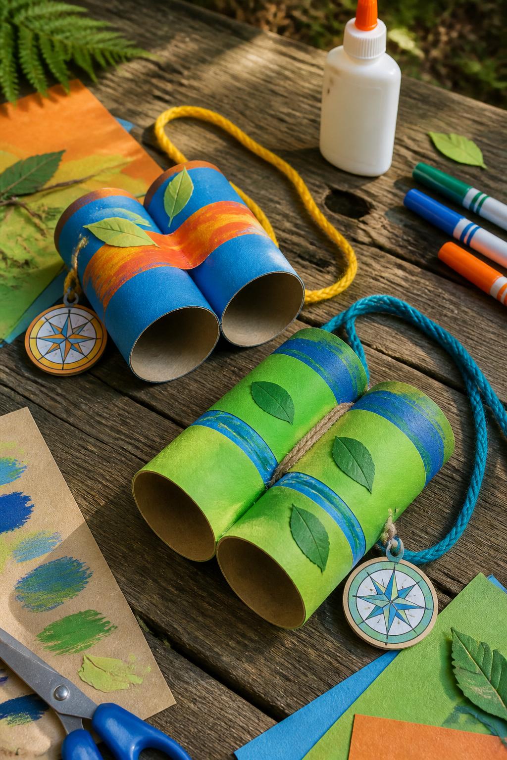 Detailed Image Prompt:
A playful summer camp craft photo showing DIY cardboard tube binoculars, two toilet paper rolls glued together and wrapped with bright paper, yarn straps, leaf stickers, painted stripes, and small paper compass charms, placed on a wooden picnic table with glue, paper scraps, and markers nearby, outdoor explorer theme, no people, no faces, no readable text, no watermark on images.